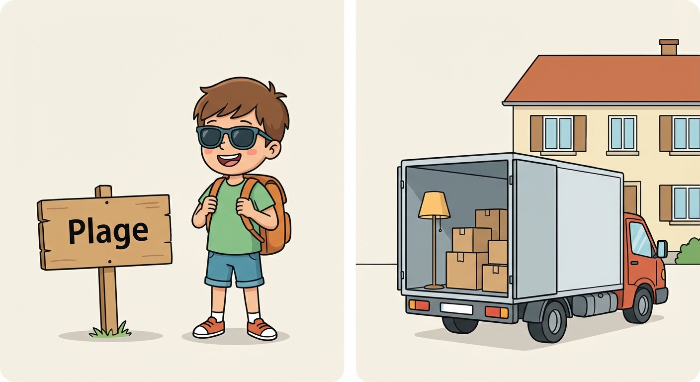 Illustration style cartoon divisée en deux. Gauche : un enfant joyeux avec un sac à dos et des lunettes de soleil devant un panneau 'Plage'. Droite : un camion de déménagement ouvert avec des cartons et une lampe, devant une nouvelle maison.