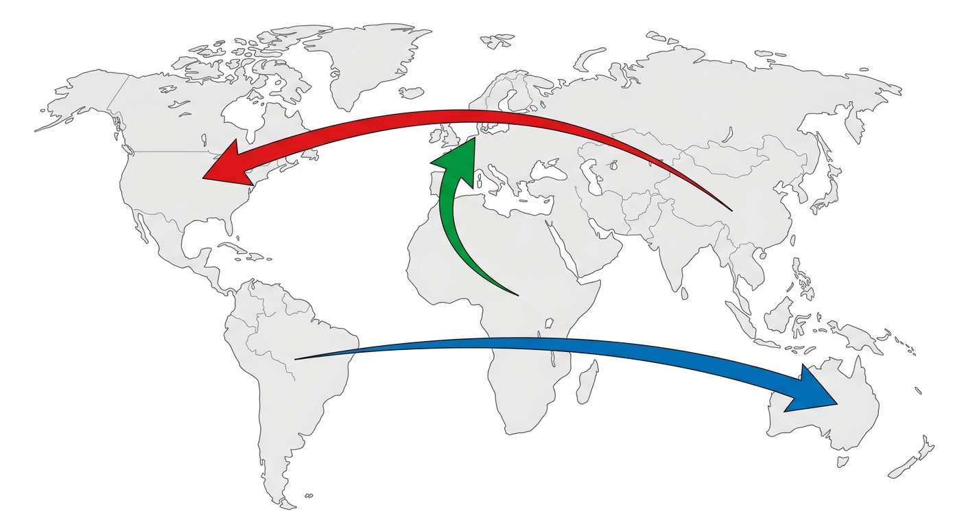 Carte du monde simplifiée sur fond blanc. Trois grandes flèches colorées (rouge, verte, bleue) partent de différents continents et pointent vers d'autres pour montrer le mouvement des populations.