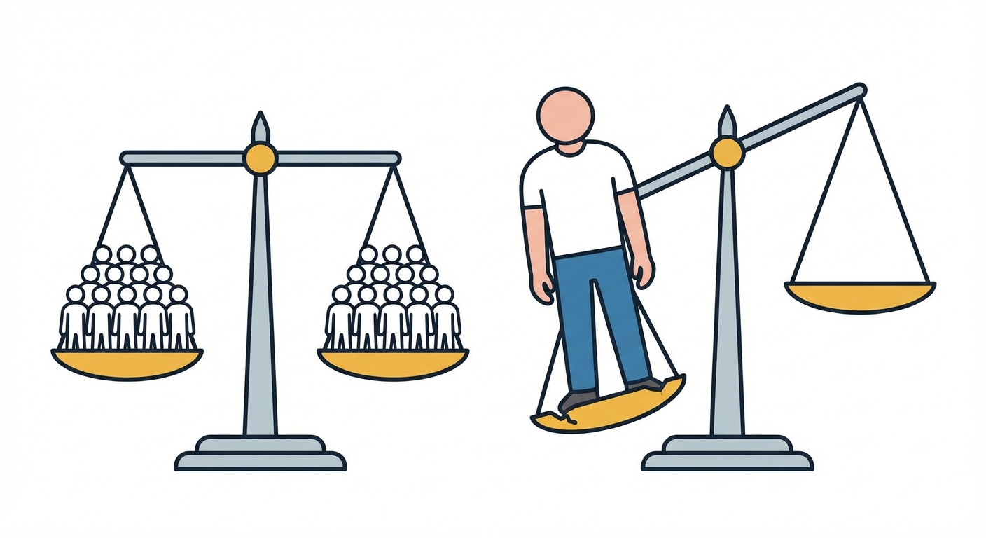 Illustration vectorielle simple sur fond blanc. À gauche, une balance parfaitement équilibrée avec une multitude de petits personnages identiques sur chaque plateau (concurrence). À droite, une autre balance qui penche très lourdement d'un seul côté, écrasée par un unique personnage géant (le monopole).