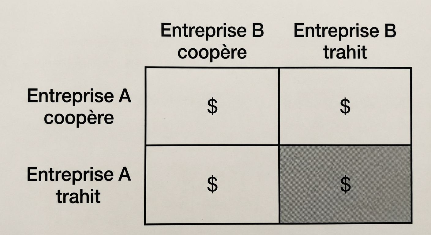 Schéma simple d'une matrice 2x2. Colonnes : 'Entreprise B coopère', 'Entreprise B trahit'. Lignes : 'Entreprise A coopère', 'Entreprise A trahit'. La case où les deux trahissent (gains faibles) est mise en valeur par rapport à la case où elles coopèrent (gains élevés). Des symboles '$' indiquent les gains.