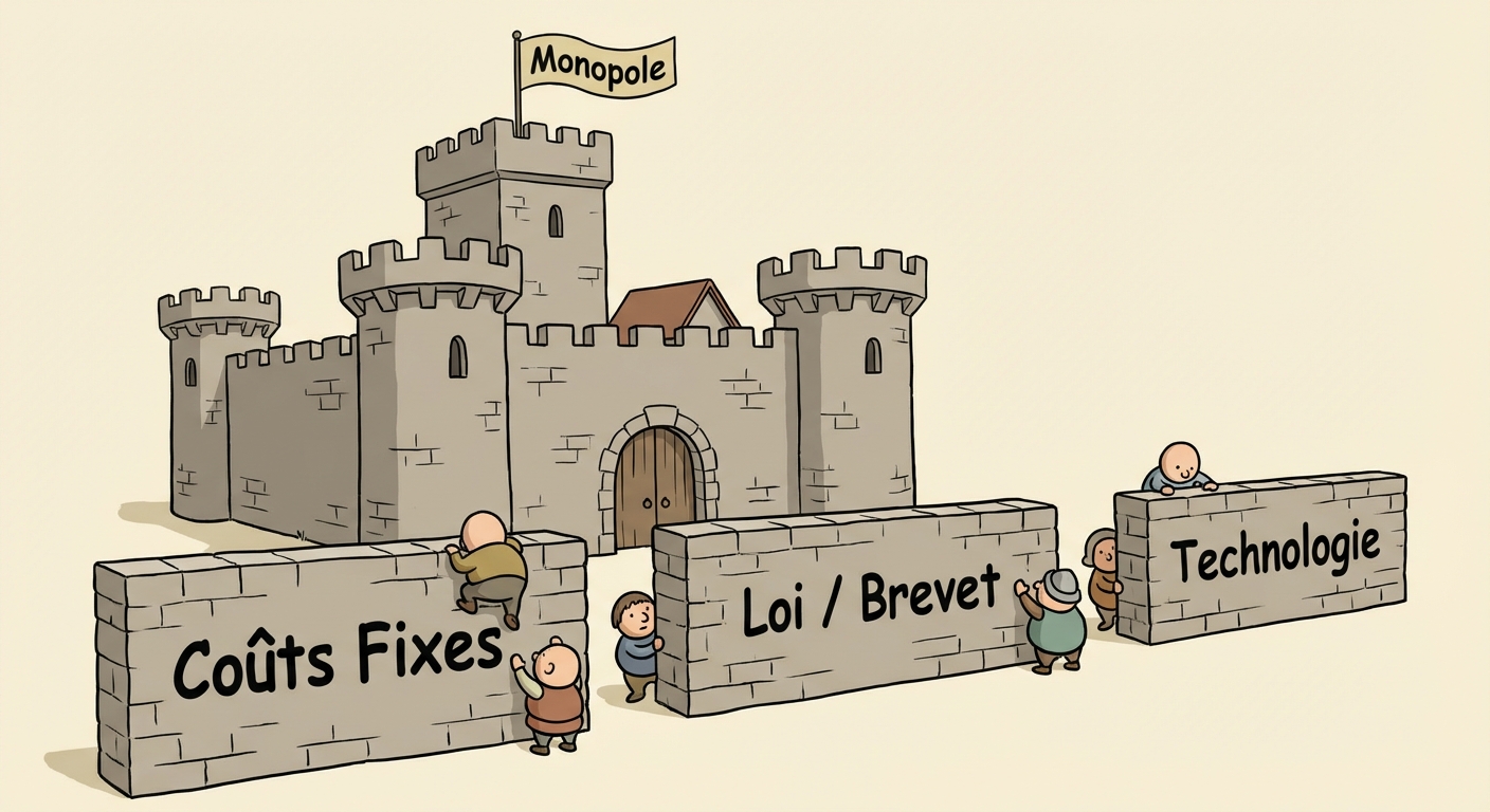 Illustration style dessin animé éducatif. Un château fort avec un drapeau 'Monopole'. Devant, trois murs distincts bloquent le passage à des petits bonshommes qui essaient d'entrer. Sur le 1er mur est écrit 'Coûts Fixes', sur le 2ème 'Loi / Brevet', sur le 3ème 'Technologie'.