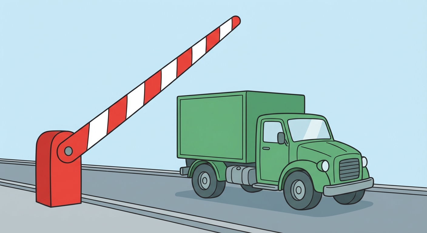 Dessin simple style bande dessinée. Au premier plan, une barrière de douane rouge et blanche est levée vers le ciel, ouverte. Un camion de livraison vert passe librement sur la route sans s'arrêter. Fond ciel bleu.