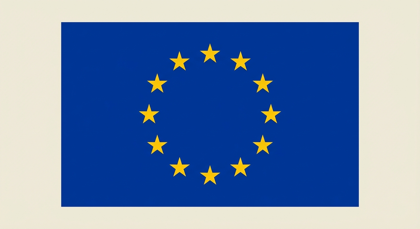 Vue à plat du drapeau européen : un rectangle bleu roi avec exactement 12 étoiles dorées disposées en cercle au centre. Aucun pli, image nette.