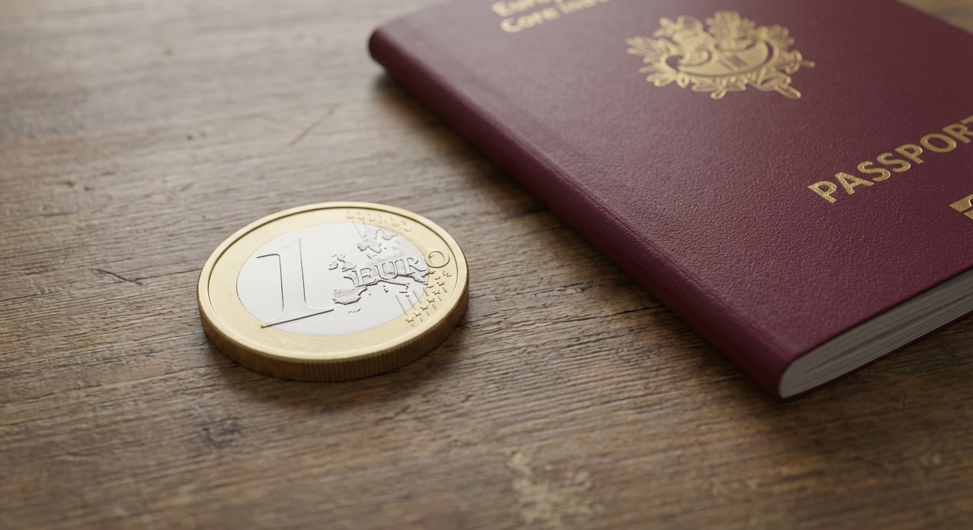 Image 3D réaliste d'une pièce de 1 euro posée sur une table en bois. À côté de la pièce, un passeport bordeaux européen fermé. Lumière douce.