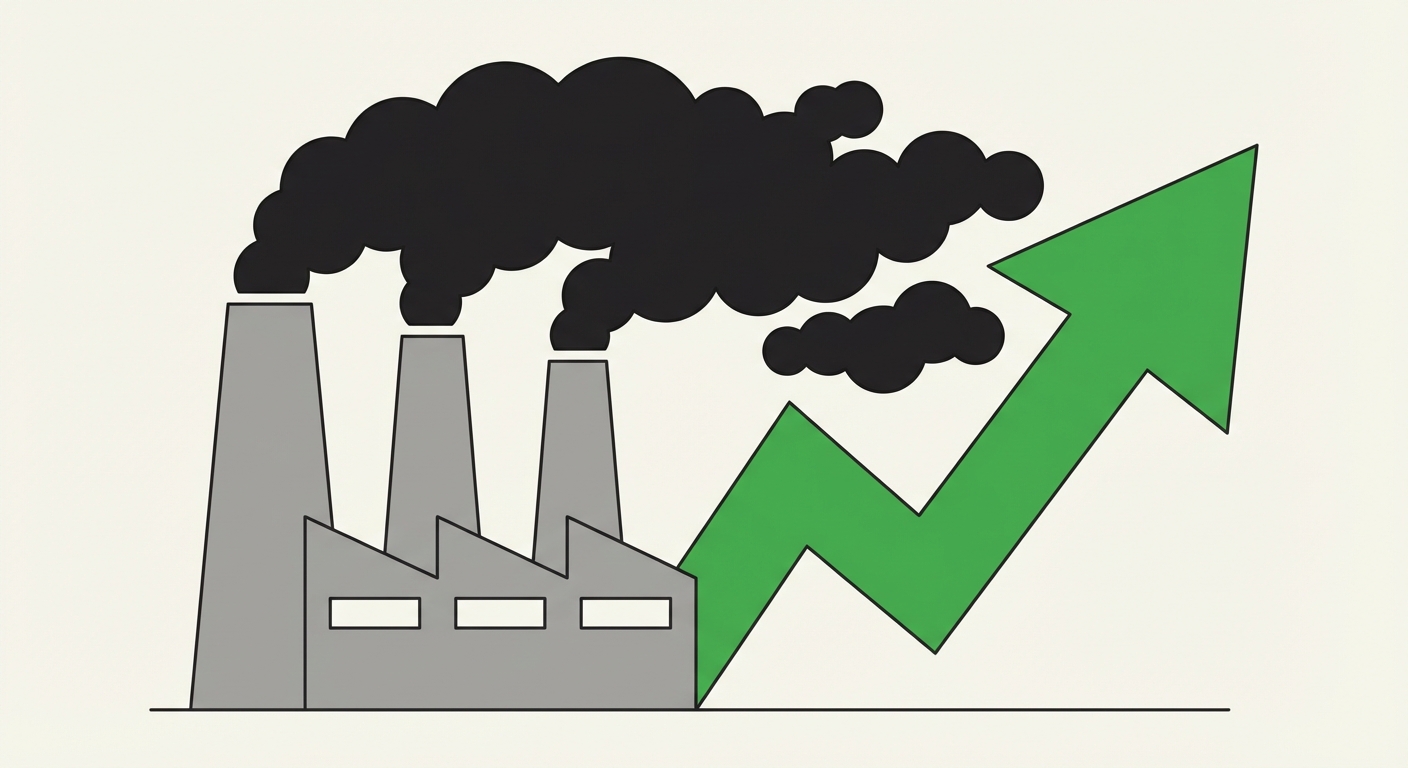 Dessin simple d'une usine grise avec trois grandes cheminées qui fument beaucoup. À côté de l'usine, une grosse flèche verte pointe vers le haut pour symboliser la croissance économique, ignorant les nuages noirs.