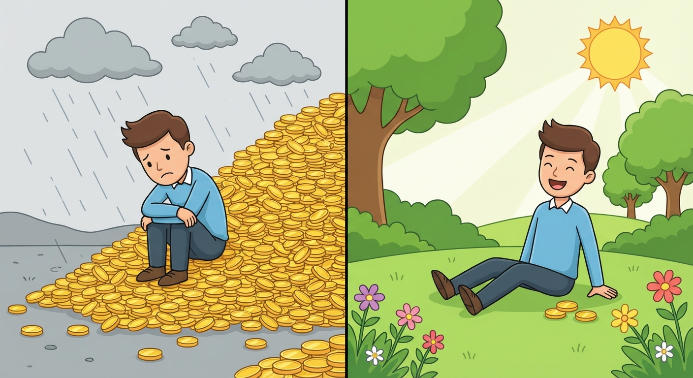 Illustration style cartoon divisée en deux. À gauche, un bonhomme triste assis sur une énorme pile de pièces d'or dans un environnement gris. À droite, un bonhomme joyeux avec quelques pièces seulement, assis dans un parc verdoyant et ensoleillé.