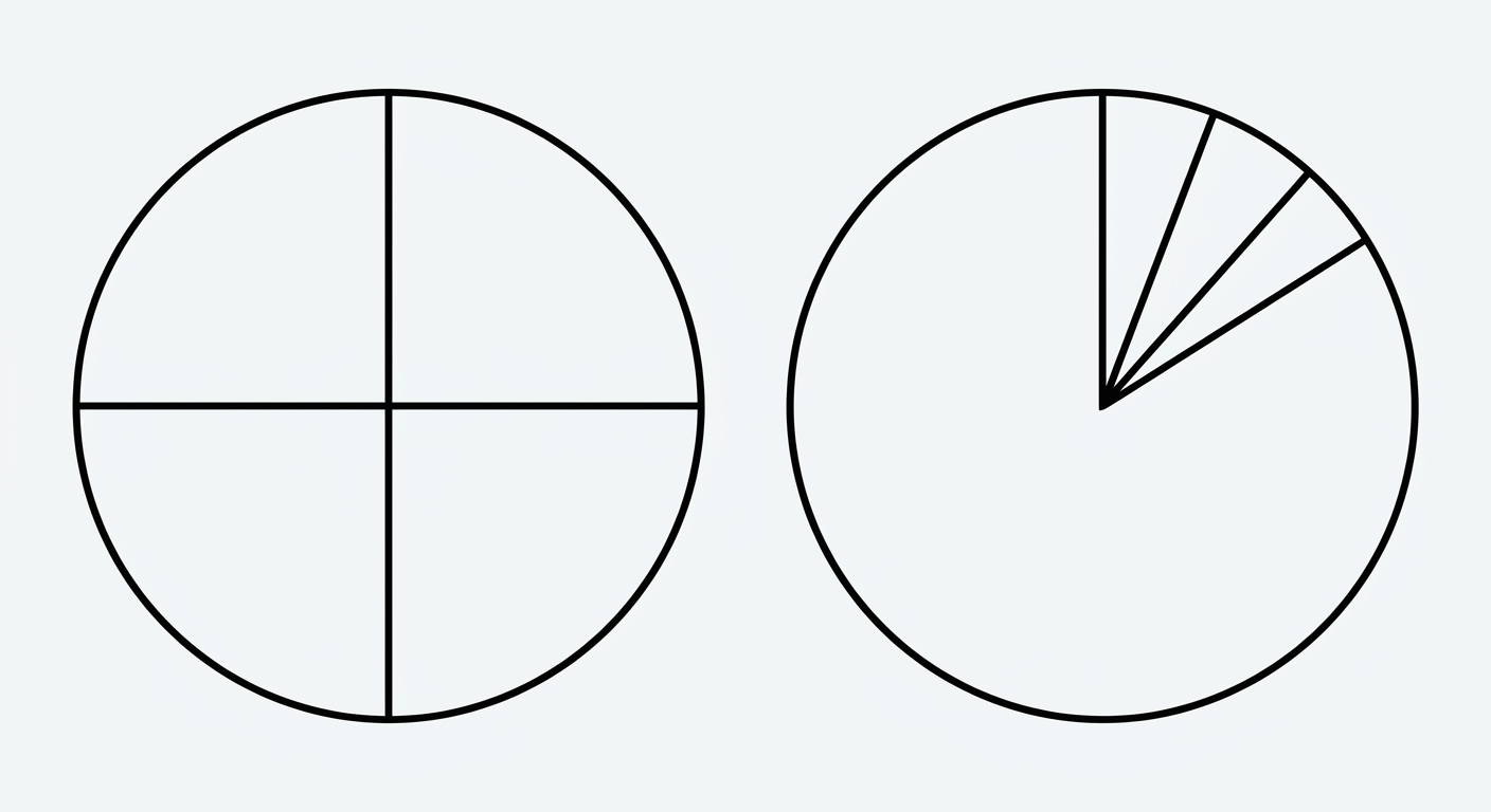 Schéma simple de deux gâteaux ronds identiques. Le gâteau de gauche est coupé en 4 parts parfaitement égales. Le gâteau de droite a une part géante qui prend 90% du gâteau, et 3 parts minuscules comme des miettes pour le reste.