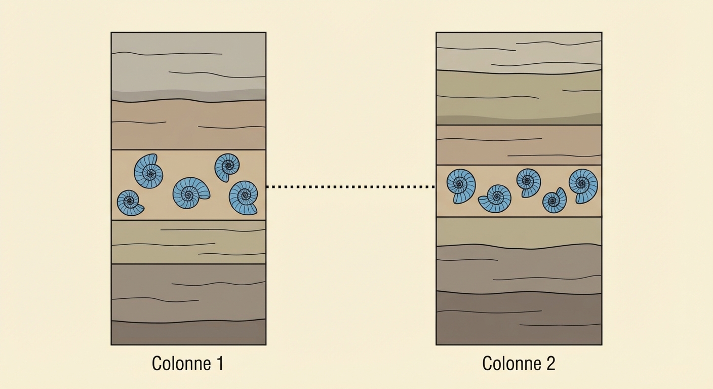 Schéma montrant deux colonnes de roches (colonnes stratigraphiques) éloignées l'une de l'autre. Dans la colonne de gauche, la couche du milieu contient des coquilles d'ammonites bleues. Dans la colonne de droite, une couche contient exactement les mêmes ammonites bleues. Une ligne pointillée relie ces deux couches pour montrer la corrélation temporelle.
