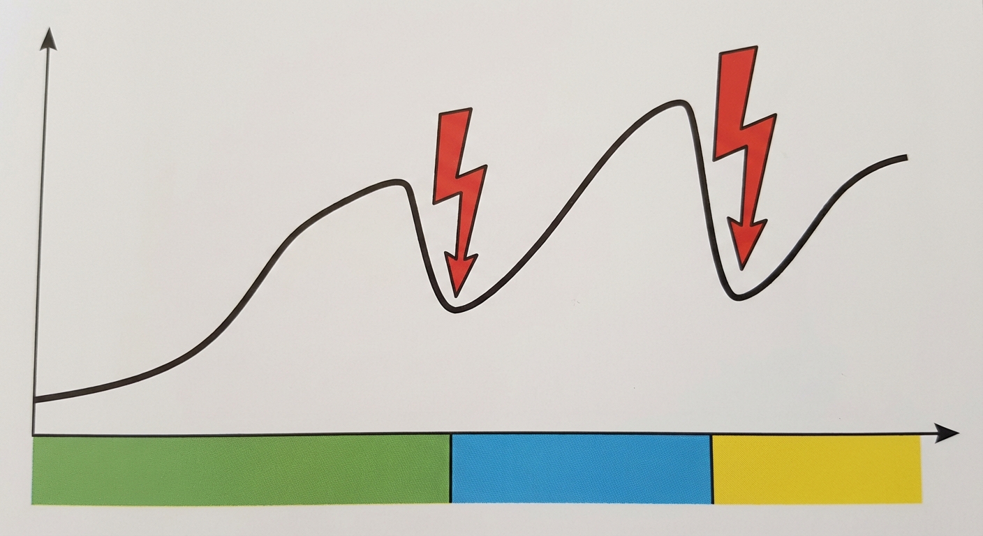 Graphique simple montrant une courbe de biodiversité en fonction du temps (axe horizontal). La courbe monte, puis chute brutalement à deux reprises (marquées par des éclairs rouges), puis remonte. Ces chutes séparent des blocs de temps colorés différemment représentant les ères (Paléozoïque, Mésozoïque, Cénozoïque).