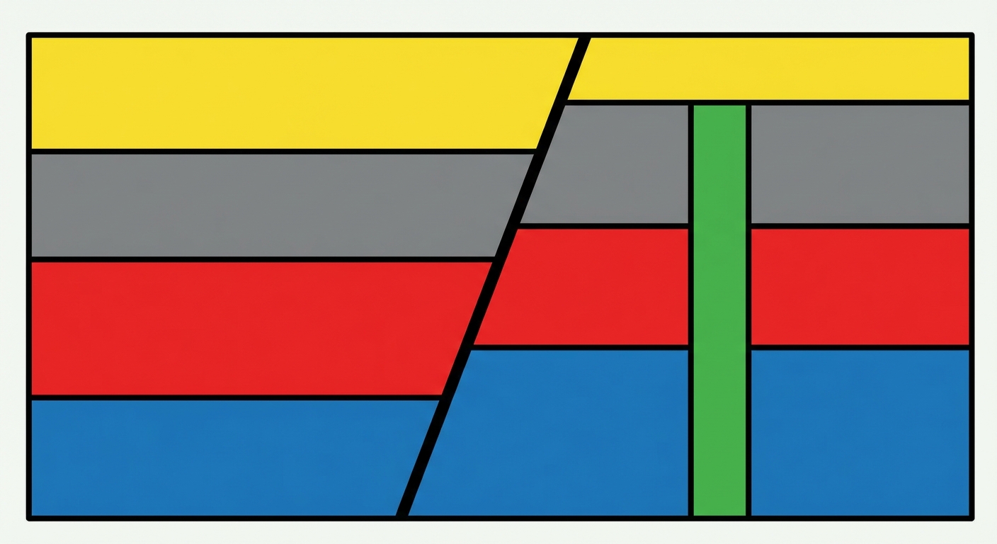 Schéma en coupe 2D d'un bloc géologique. On voit 4 couches horizontales superposées de couleurs différentes (jaune, gris, rouge, bleu). Une faille oblique noire traverse et décale toutes les couches. Un filon de lave vertical vert traverse les couches mais s'arrête avant la surface.