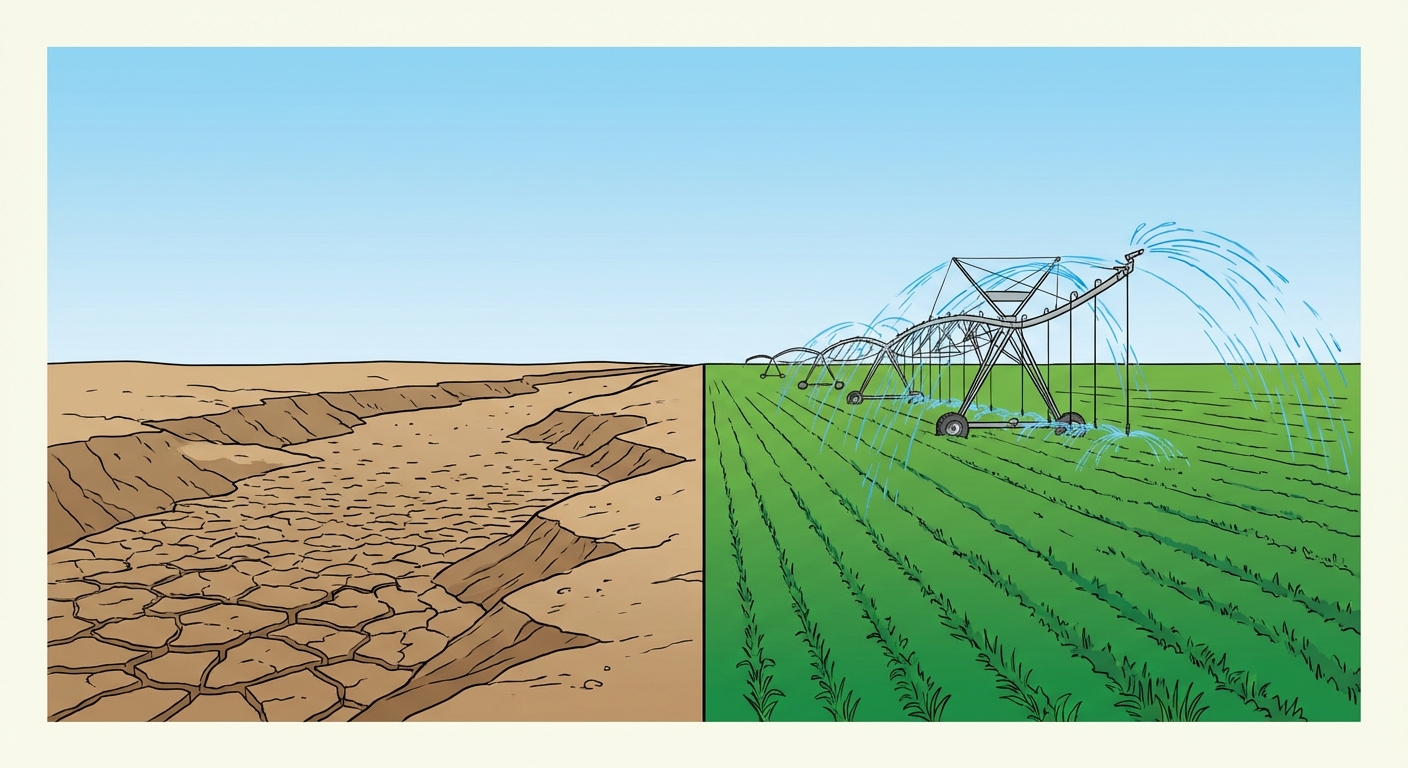Dessin d'un paysage divisé en deux parties. À gauche, un lit de rivière complètement à sec avec de la terre craquelée brune. À droite, un grand champ vert vif arrosé par un immense système d'irrigation moderne crachant des jets d'eau bleue. Le ciel au-dessus est bleu et sans nuage. Aucun texte sur l'image.