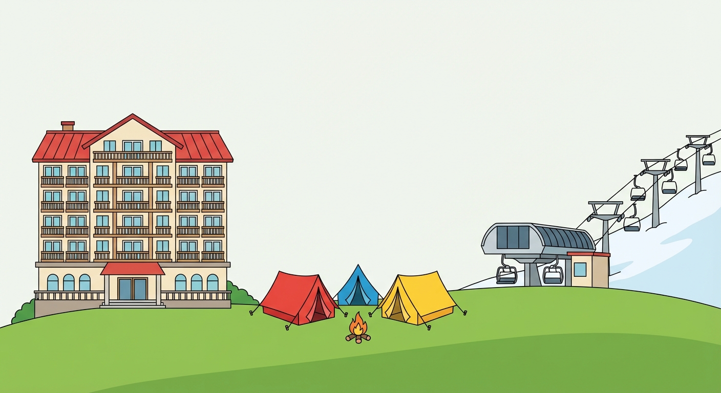 Dessin pédagogique simple montrant trois bâtiments distincts alignés : un grand hôtel de plusieurs étages avec balcons, une zone avec trois tentes de camping colorées, et une station de remontée mécanique avec des câbles.