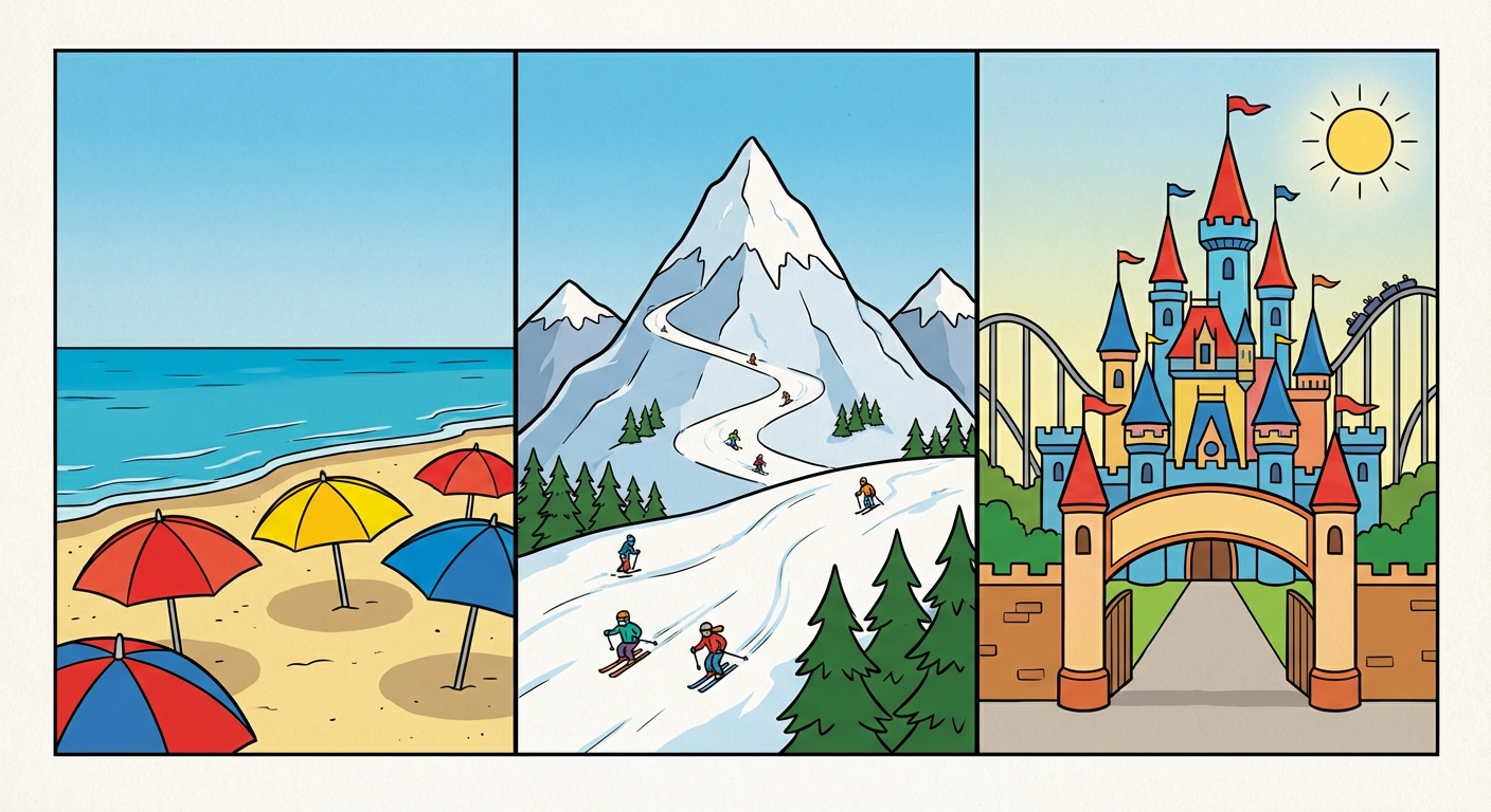 Illustration style bande dessinée divisée en trois parties verticales. À gauche : une plage avec des parasols colorés et du sable. Au centre : une montagne enneigée avec des pistes de ski. À droite : l'entrée d'un parc d'attractions avec un grand château coloré.