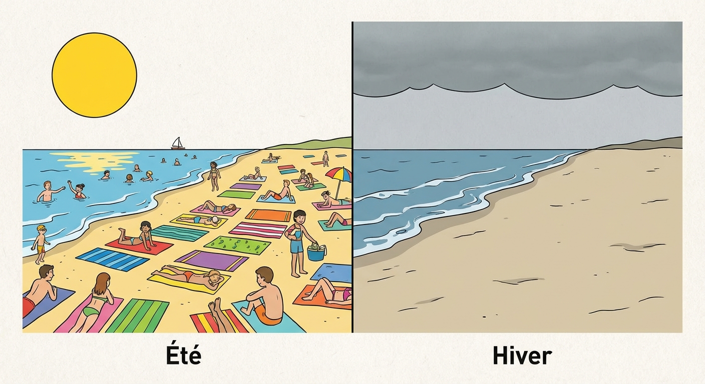 Image divisée en deux parties. Partie gauche (Été) : une plage bondée avec des serviettes de bain et des gens qui se baignent sous un grand soleil. Partie droite (Hiver) : la même plage totalement vide, sous un ciel gris, sans personne.