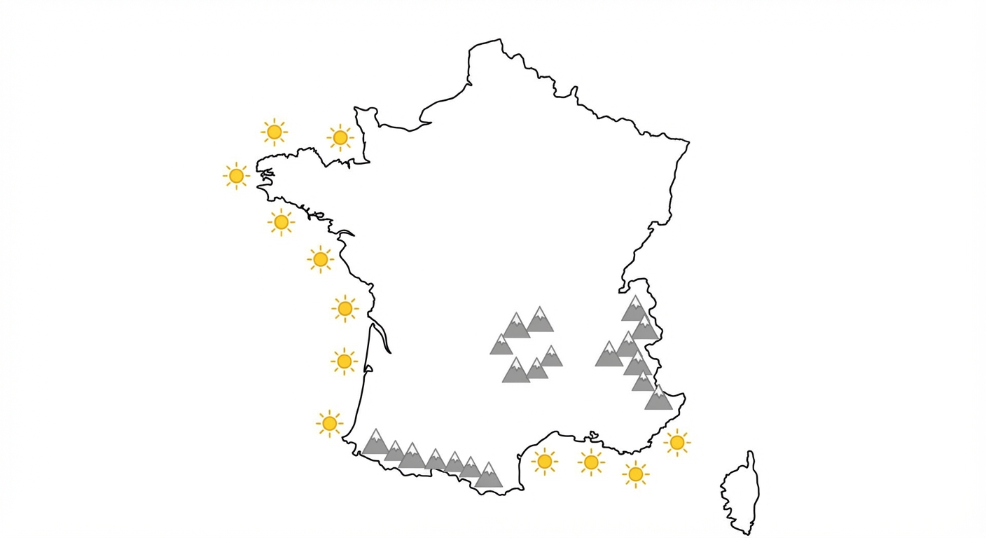 Carte de France simplifiée sur fond blanc. Des icônes de soleil jaune sont placées sur les côtes ouest et sud. Des icônes de montagnes triangulaires grises sont placées dans les Alpes (sud-est), les Pyrénées (sud-ouest) et le Massif central.