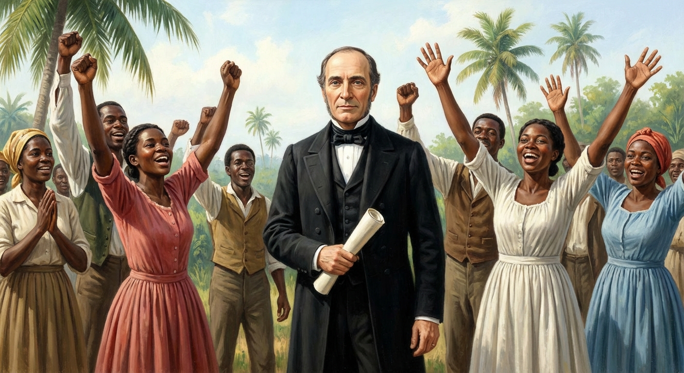 Peinture historique réaliste. Un homme en costume noir du 19ème siècle (Victor Schoelcher) est debout au centre, tenant un papier roulé à la main. Autour de lui, un groupe d'hommes et de femmes noirs lèvent les bras au ciel en signe de joie. Arrière-plan : paysage tropical avec des palmiers.