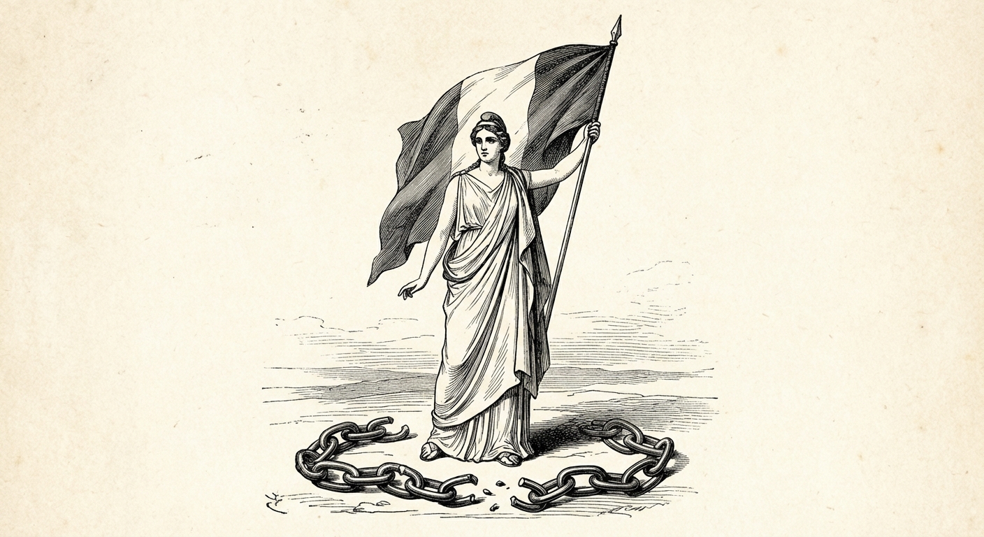 Dessin style gravure ancienne en noir et blanc. Au centre, une femme en toge (allégorie de la République) tient un drapeau tricolore français. À ses pieds, des chaînes brisées en gros plan sont posées sur le sol. Arrière-plan simple.