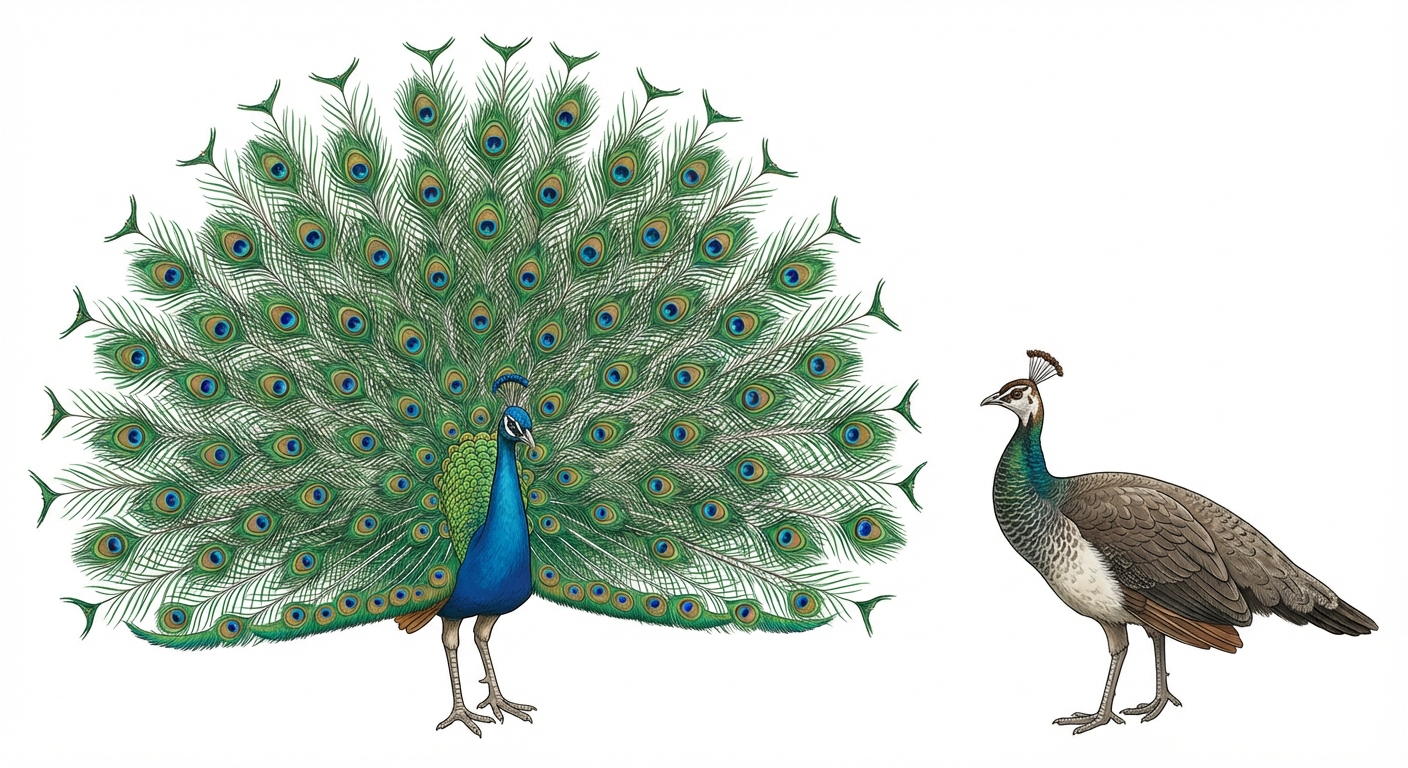 Dessin réaliste type planche naturaliste. À gauche, un paon mâle faisant la roue avec des plumes vertes et bleues très détaillées. À droite, un paon femelle au plumage brun et gris, sans longue queue, plus petite. Fond blanc uni.