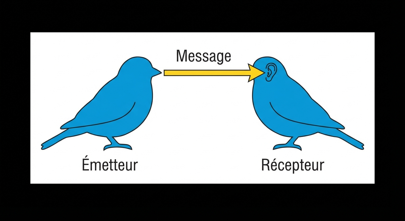 Schéma simple et épuré sur fond blanc. À gauche, une silhouette d'oiseau bleu nommée 'Émetteur'. À droite, une silhouette d'oiseau bleu identique nommée 'Récepteur'. Une flèche jaune part du bec de l'émetteur vers l'oreille du récepteur. Au-dessus de la flèche, le mot 'Message' est écrit en noir.