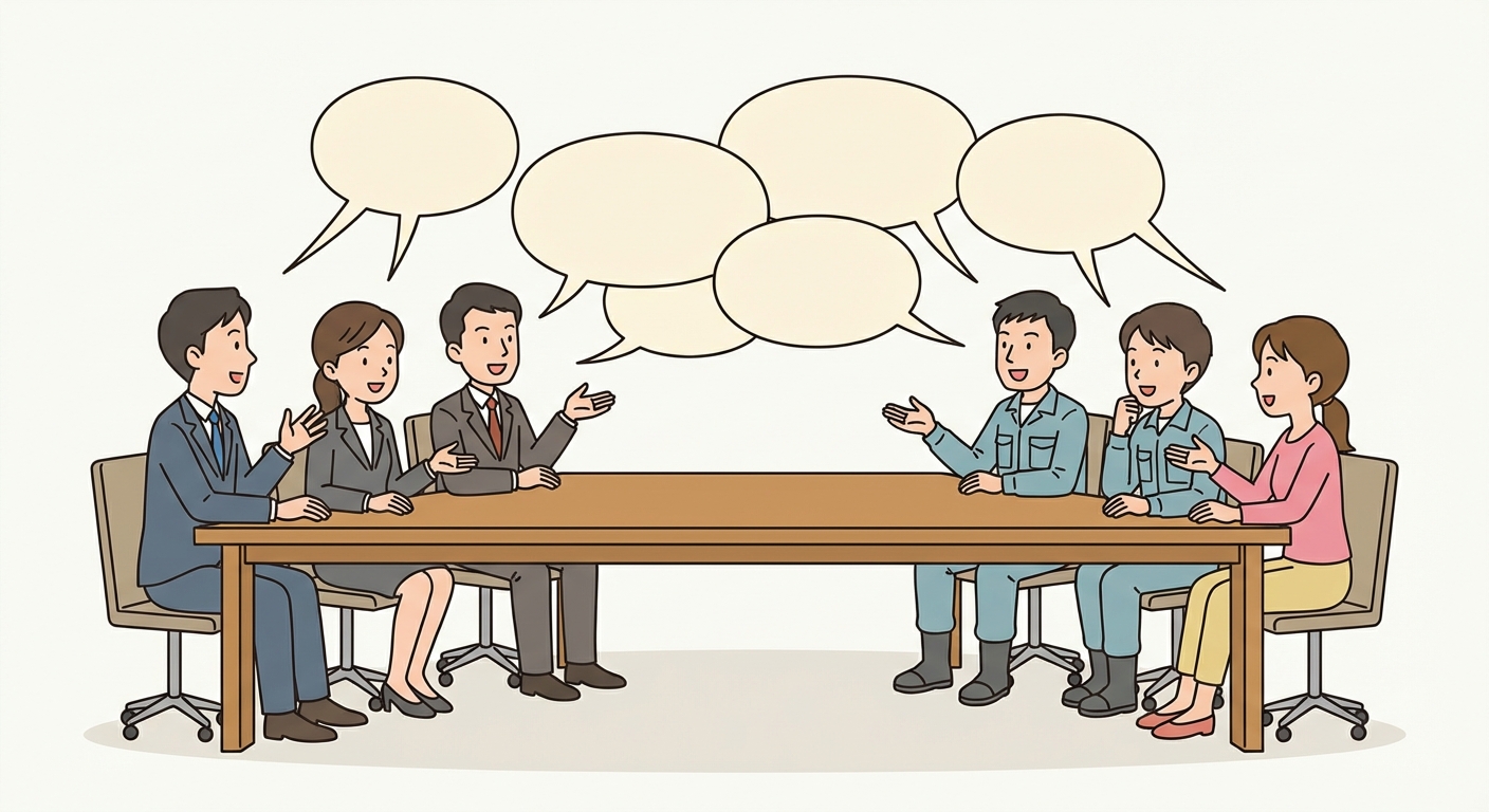 Illustration style cartoon simple : une table vue de profil. À gauche, des représentants de la direction. À droite, des représentants des salariés. Ils discutent activement avec des bulles de dialogue, montrant une recherche d'accord.