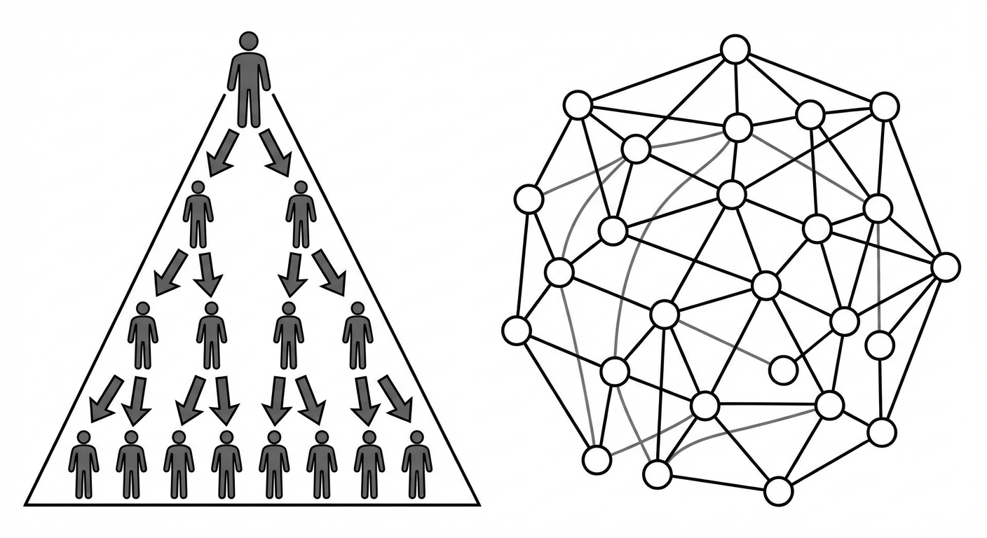 Comparaison visuelle côte à côte. À gauche, une pyramide stricte (centralisation) avec un chef au sommet et des flèches descendantes. À droite, un réseau de points interconnectés (décentralisation) où les décisions circulent plus librement. Fond blanc, style épuré.