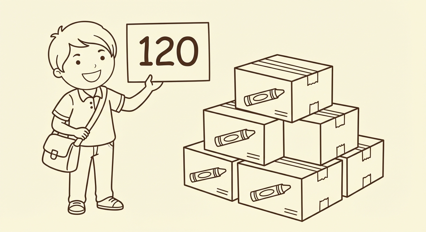 Dessin joyeux style cartoon : un écolier souriant tient un panneau montrant '120' et à côté de lui une pile de boîtes de crayons.
