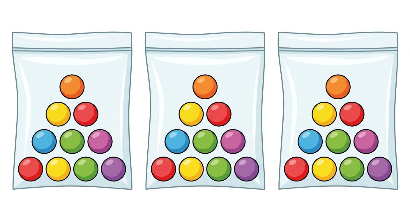 Dessin simple sur fond blanc : 3 sachets transparents alignés horizontalement. Dans chaque sachet, on voit exactement 10 bonbons colorés.