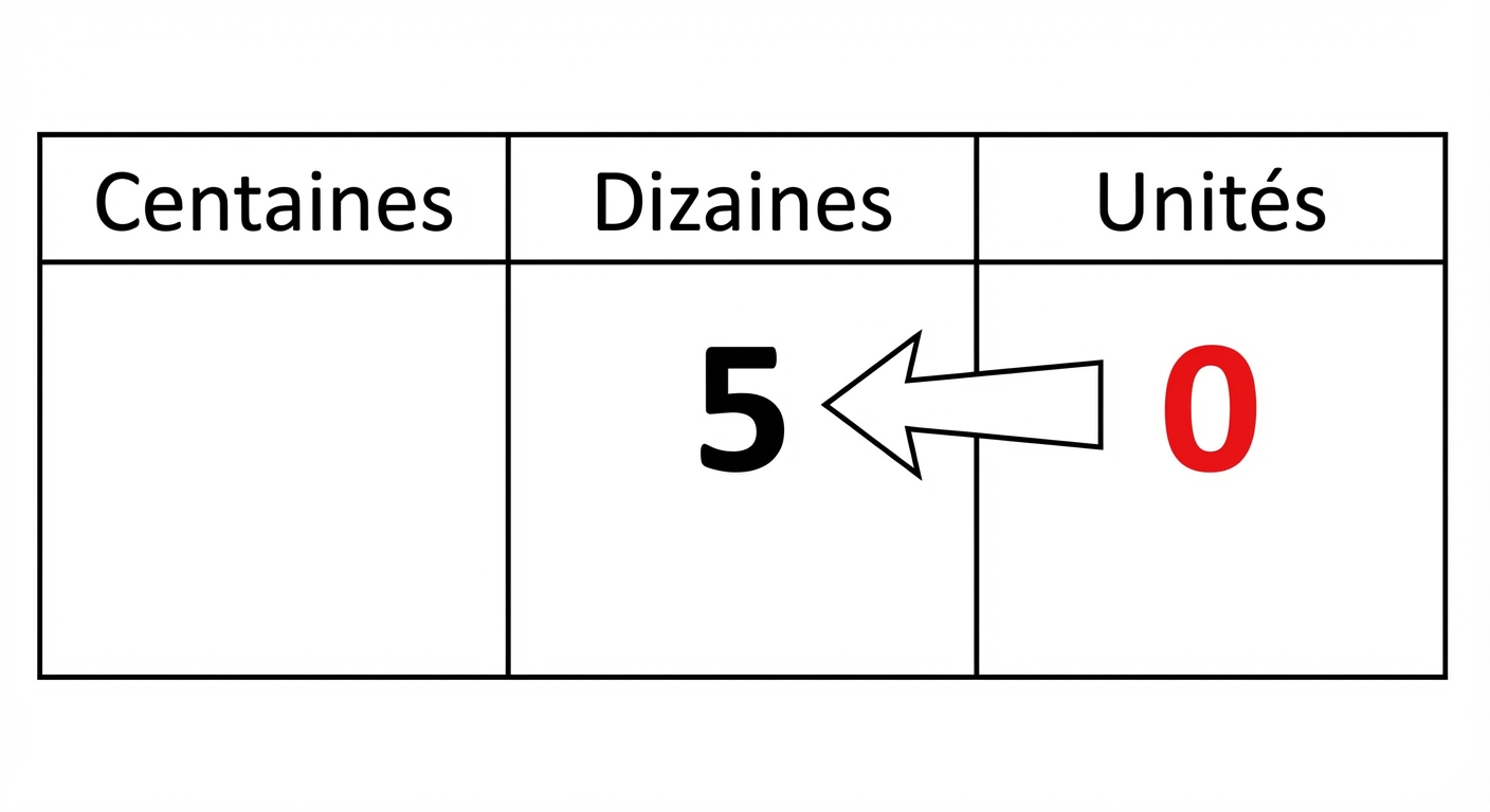Un tableau de numération (Centaines, Dizaines, Unités). Une flèche montre le chiffre 5 passant de la colonne Unités à la colonne Dizaines. Un zéro apparaît en rouge dans la colonne Unités.