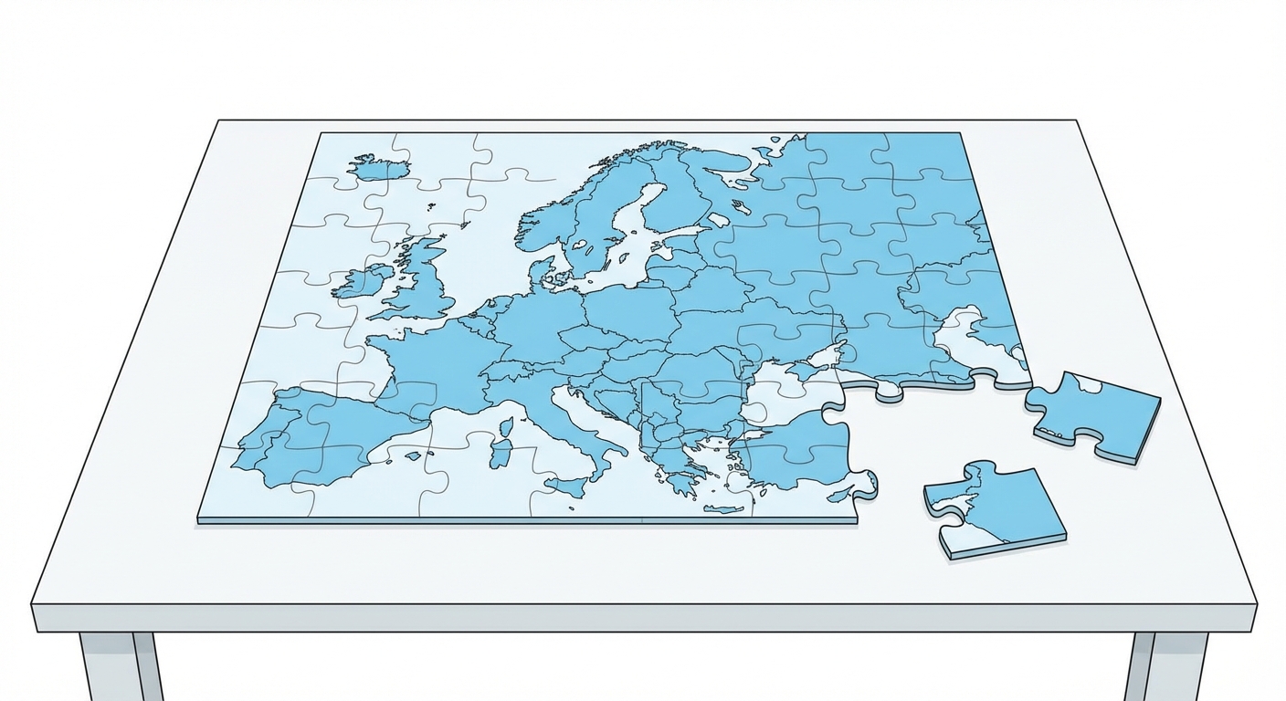 Dessin symbolique : un grand puzzle incomplet posé sur une table blanche. Le puzzle forme la carte de l'Europe en bleu clair. Deux pièces du puzzle sont détachées sur le côté. Aucune présence humaine, aucun texte.