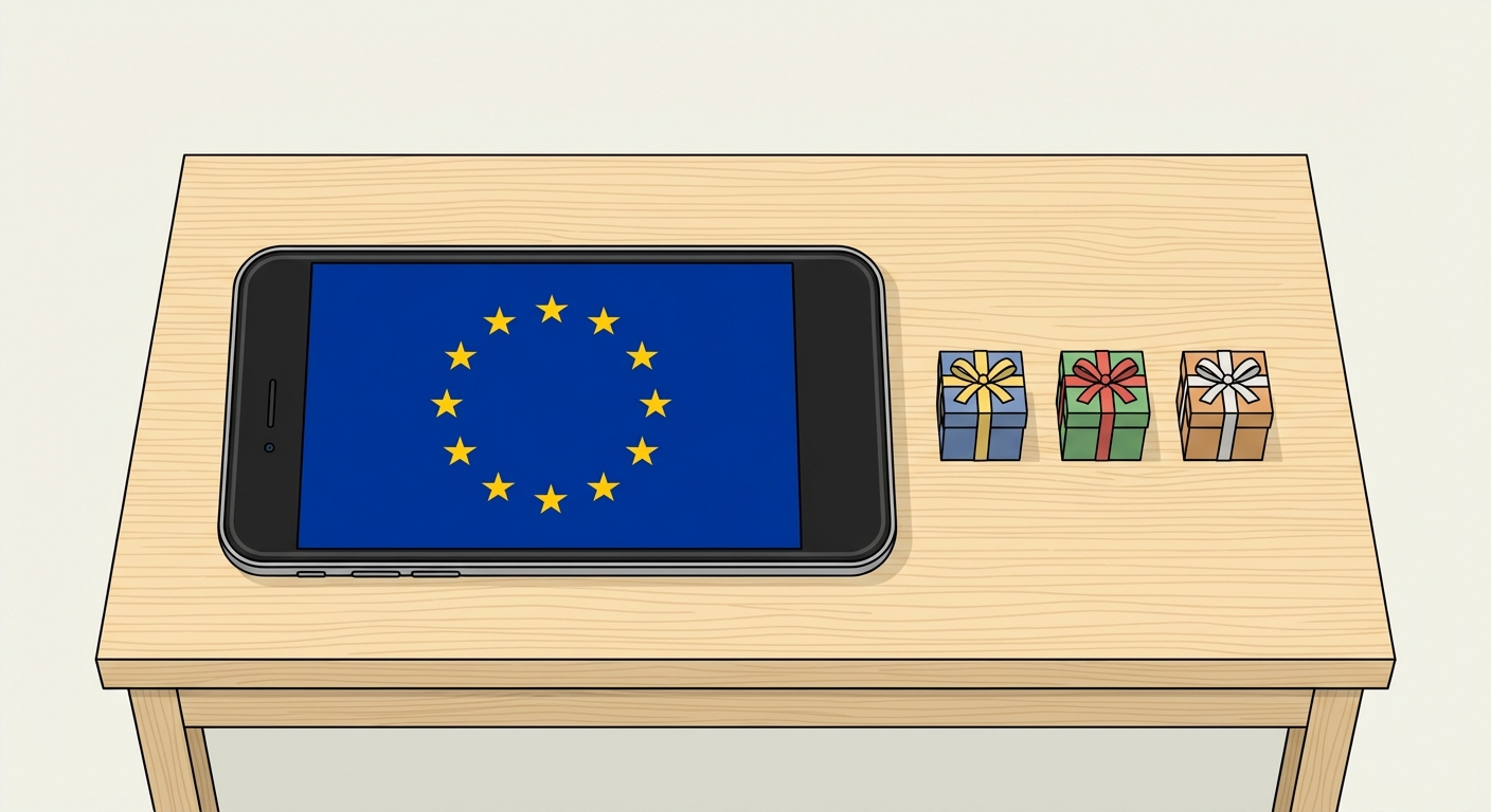 Dessin simple vue de dessus : un grand téléphone portable noir posé sur un bureau en bois clair. Sur l'écran du téléphone apparaît le drapeau bleu avec douze étoiles jaunes de l'Union européenne. Trois petits paquets cadeaux fermés par un ruban sont alignés à côté du téléphone.
