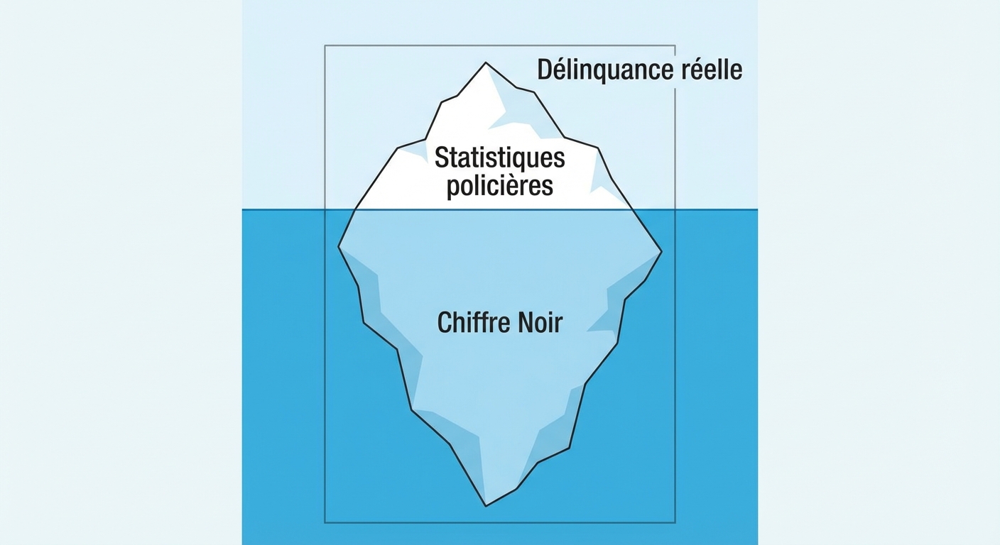 Dessin d'un iceberg. La petite partie visible au-dessus de l'eau est marquée 'Statistiques policières'. La grosse partie immergée sous l'eau est marquée 'Chiffre Noir'. L'ensemble de l'iceberg représente la 'Délinquance réelle'.