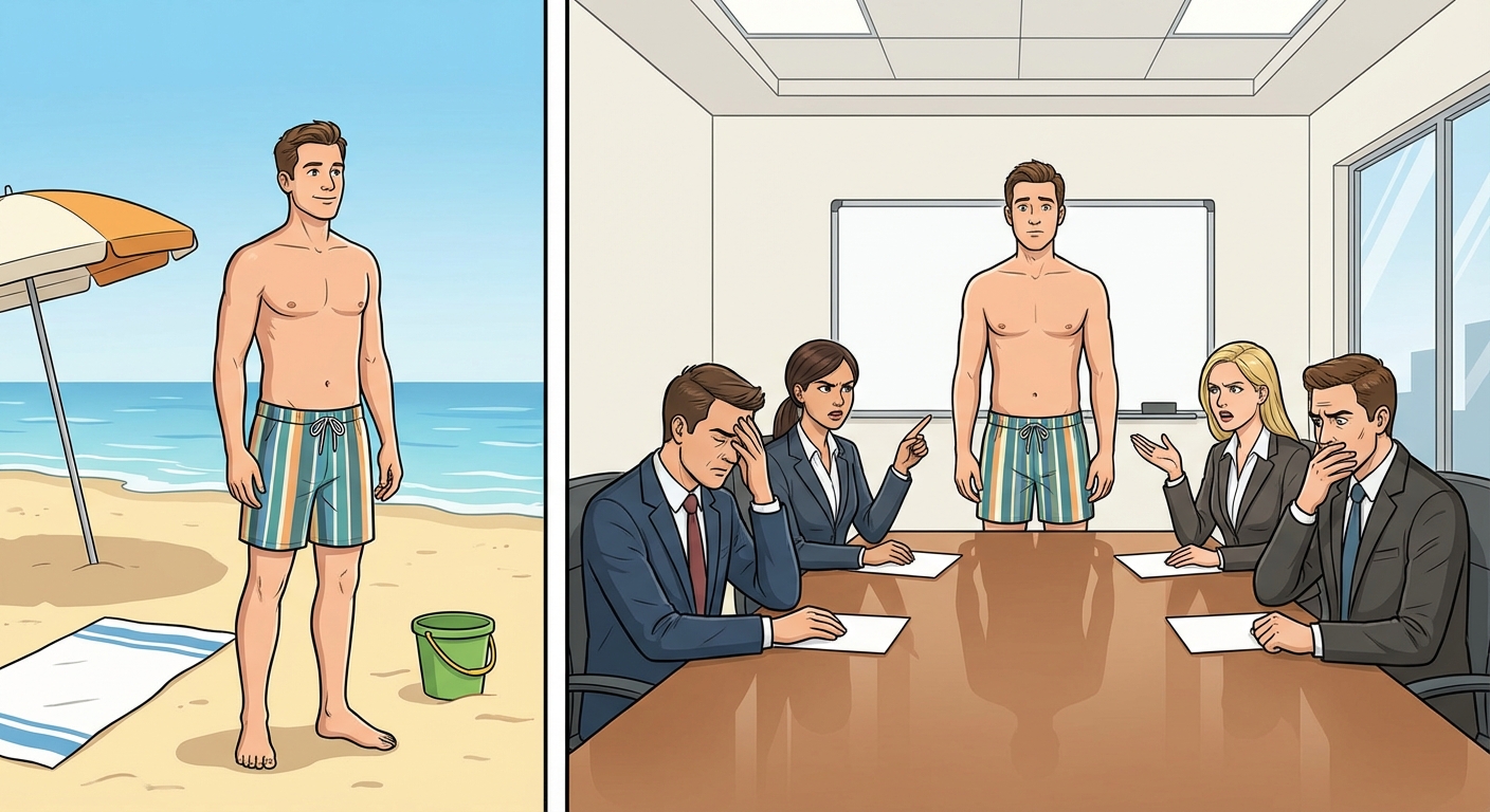 Illustration divisée en deux. À gauche, un homme en maillot de bain sur une plage, tout est normal. À droite, le même homme en maillot de bain au milieu d'une réunion de travail sérieuse, suscitant la réprobation des collègues.
