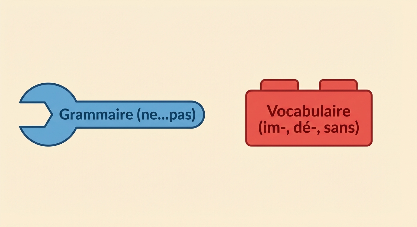 Illustration style icône à plat. À gauche, une clé à molette bleue étiquetée 'Grammaire (ne...pas)'. À droite, un bloc de construction rouge marqué 'Vocabulaire (im-, dé-, sans)'.