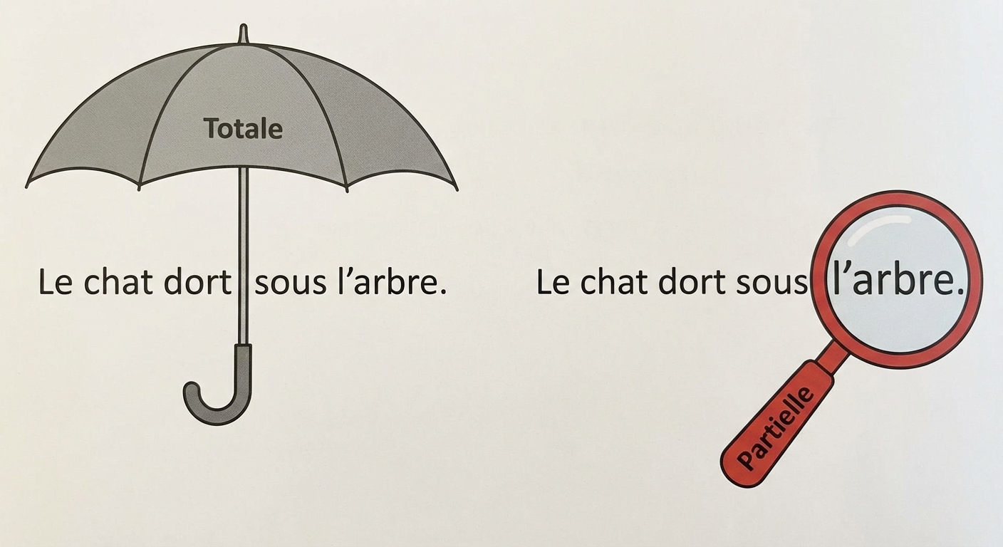 Schéma simple en deux parties. À gauche, une phrase entière est sous un grand parapluie gris marqué 'Totale'. À droite, une phrase identique est visible, mais une loupe rouge marquée 'Partielle' zoome uniquement sur le dernier mot.