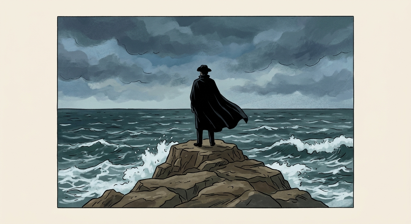 Peinture style romantique : une silhouette d'homme en cape noire, de dos, debout sur un rocher face à une mer agitée et un ciel sombre.