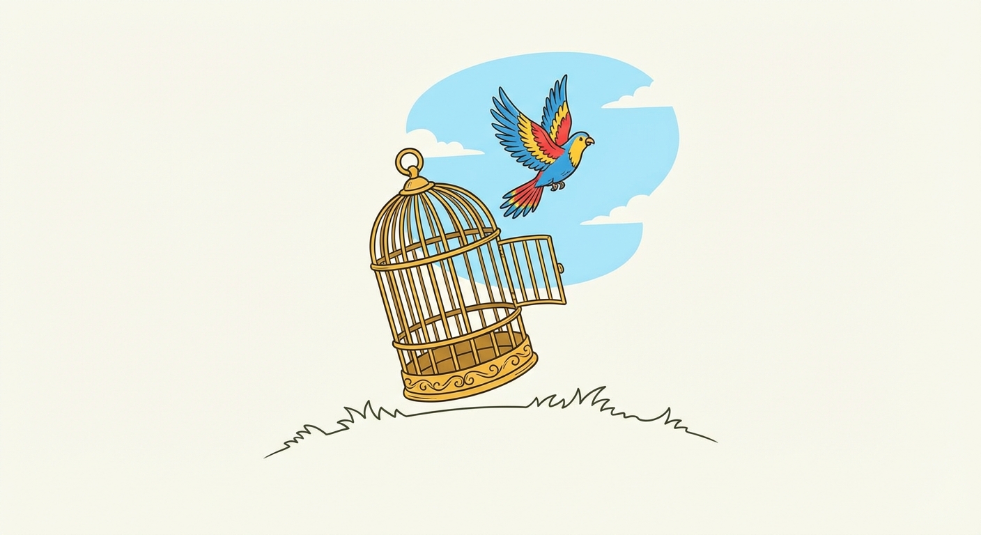 Dessin simple style bande dessinée : une cage à oiseaux dorée ouverte, avec un oiseau coloré qui s'envole vers le ciel bleu. La cage représente les règles classiques.
