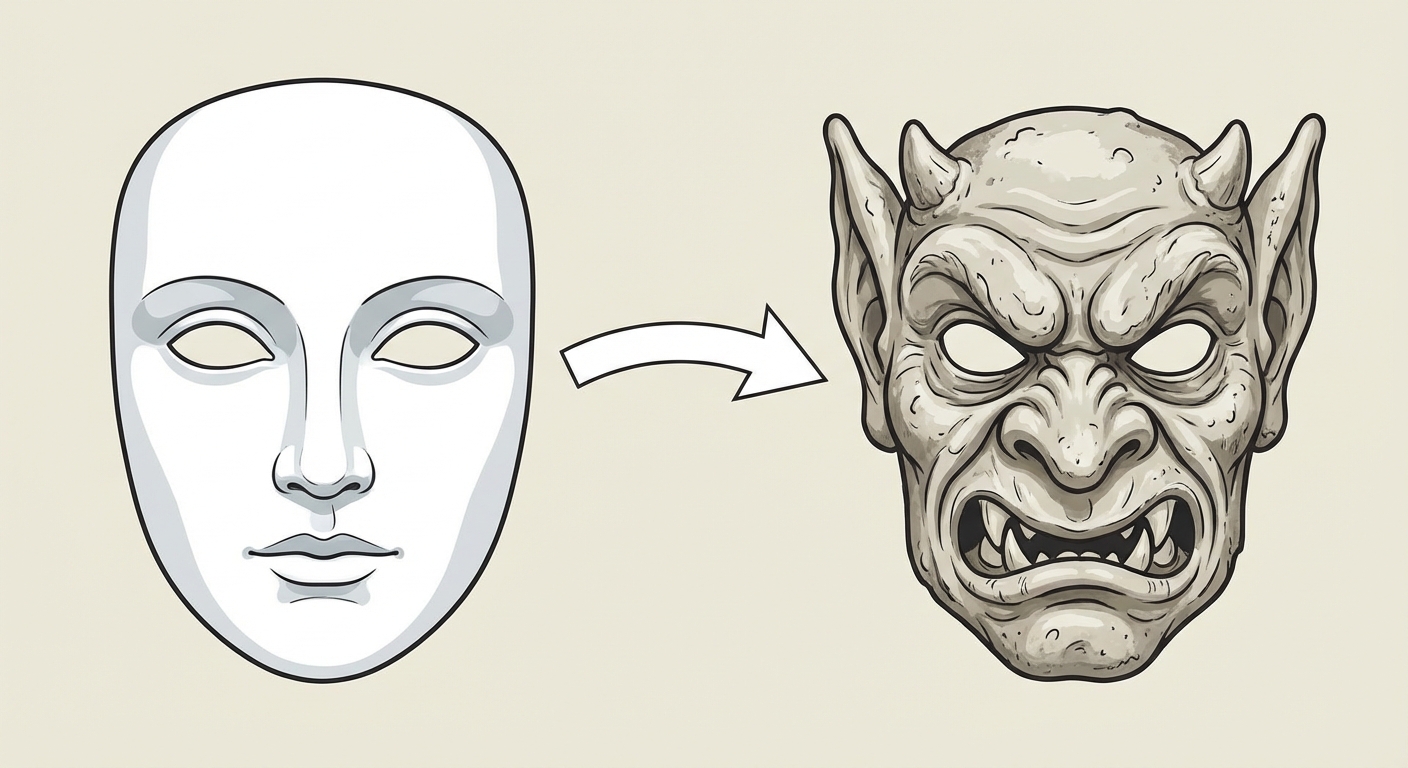 Schéma simple : à gauche un masque de théâtre blanc et noble (le sublime), à droite un masque de gargouille grimaçante (le grotesque). Une flèche relie les deux pour montrer leur union.