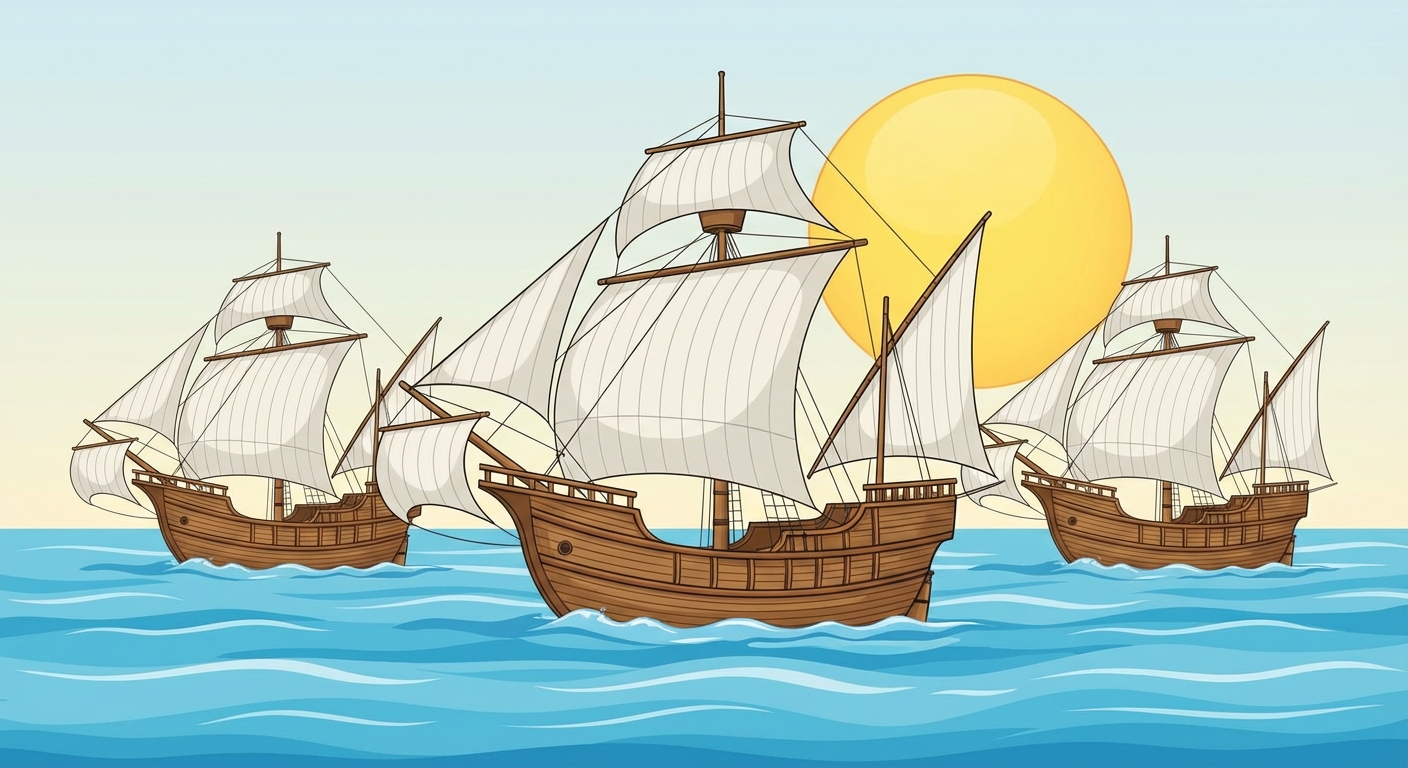 Dessin en vue de profil de trois grands voiliers en bois anciens appelés caravelles, naviguant sur des vagues bleues. Les voiles blanches sont gonflées par le vent, avec un grand soleil jaune dans le ciel clair en arrière-plan.