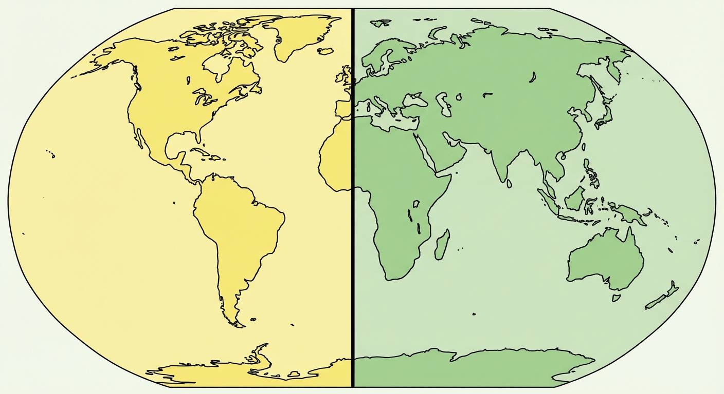 Dessin d'un planisphère terrestre très simple. Une ligne droite noire verticale coupe l'océan Atlantique en deux. La moitié gauche du monde est coloriée en jaune clair pour l'Espagne, la moitié droite est coloriée en vert clair pour le Portugal.