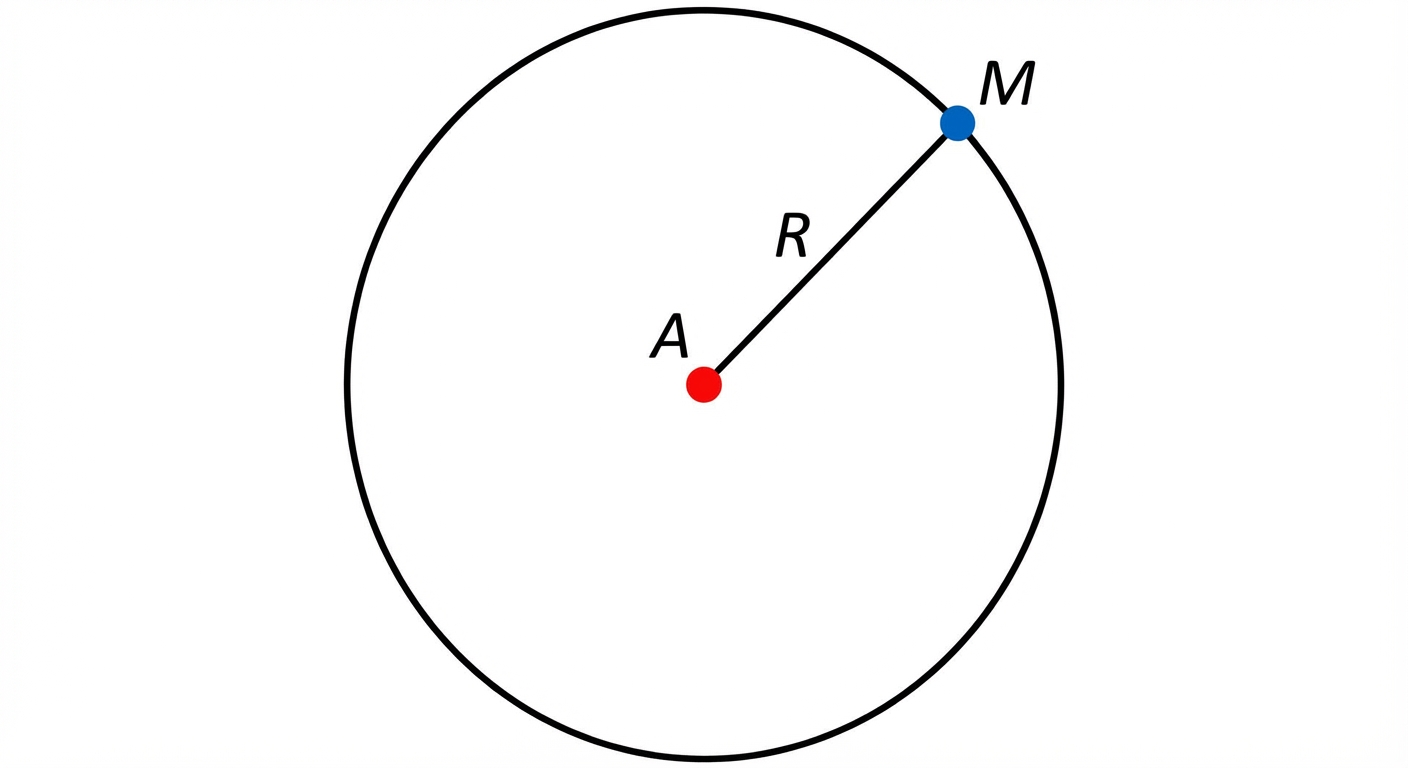 Dessin simple sur fond blanc. Un cercle noir. Au centre, un point rouge A. Sur le contour, un point bleu M. Le segment AM est tracé et annoté R.