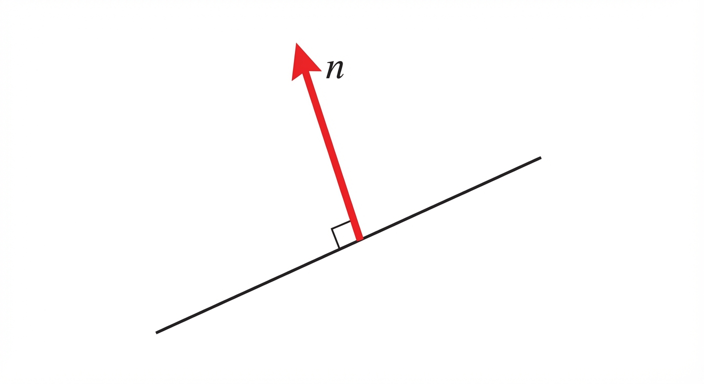 Schéma géométrique épuré sur fond blanc. Une droite noire oblique. Un vecteur rouge (flèche) nommé n part d'un point de la droite et forme un angle droit parfait avec elle.