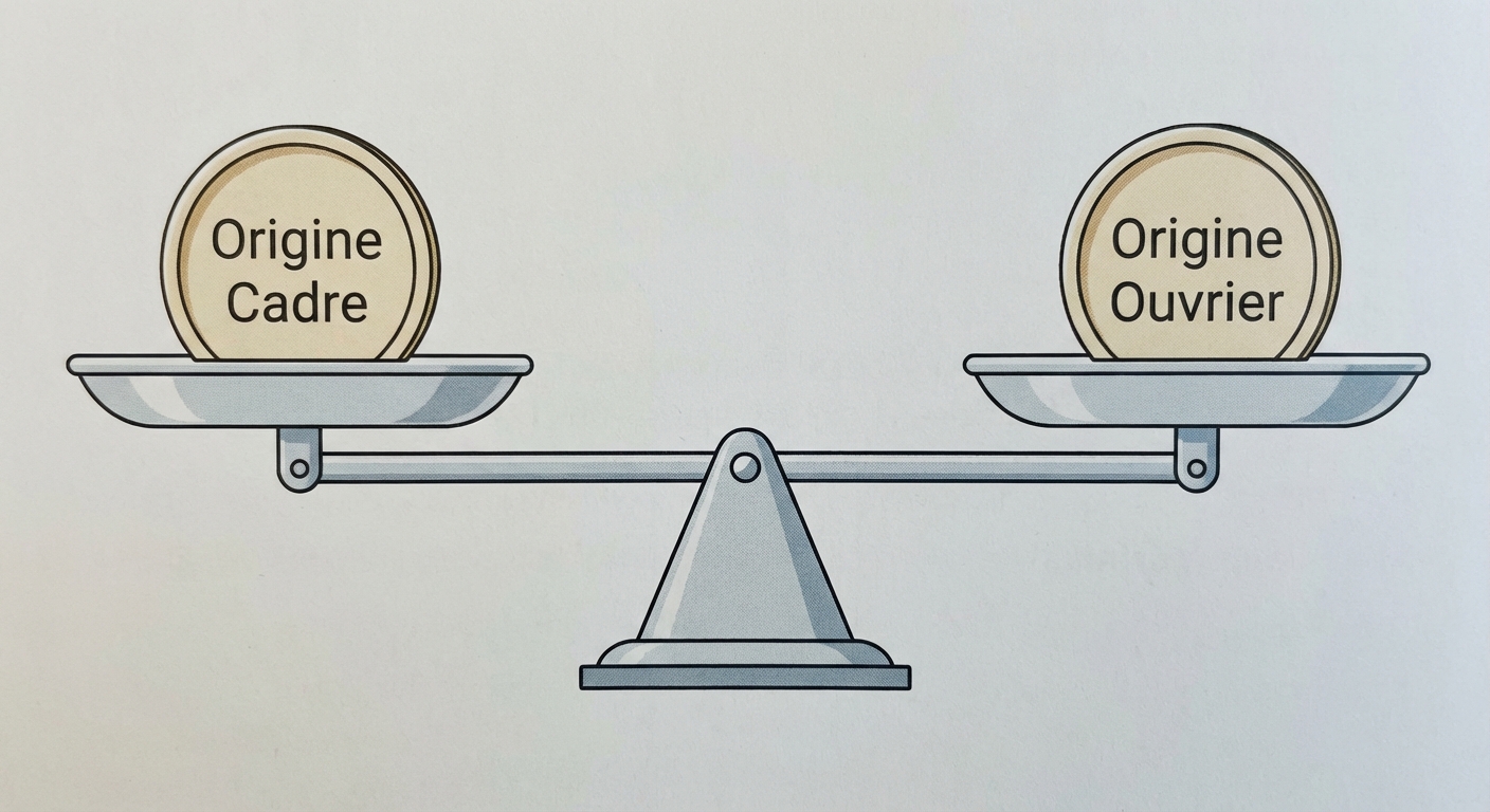 Dessin d'une balance à fléau. Plateau gauche : un pion 'Origine Cadre'. Plateau droite : un pion 'Origine Ouvrier'. La balance est parfaitement à l'équilibre horizontal, symbolisant l'égalité des chances (fluidité parfaite).