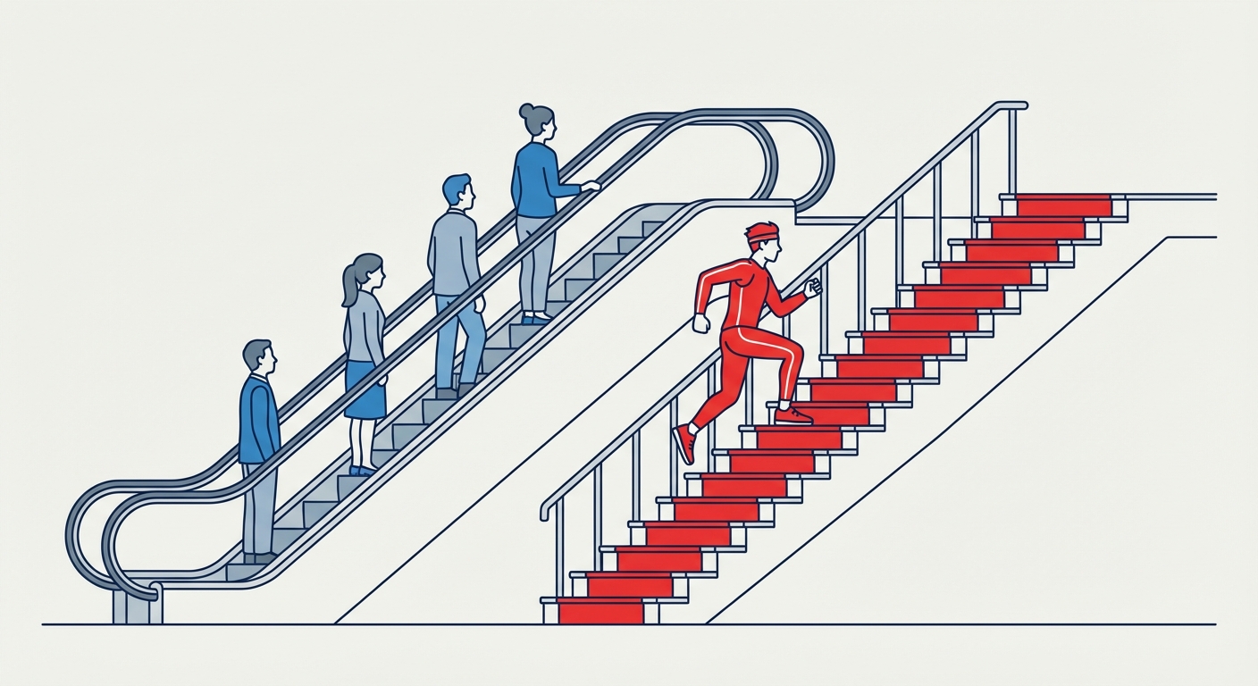 Un dessin schématique d'un escalier mécanique vu de profil montant vers la droite. Sur l'escalier, des personnages montent passivement grâce au mécanisme. À côté, sur un escalier fixe, un personnage rouge essaie de grimper les marches en courant pour dépasser les autres.