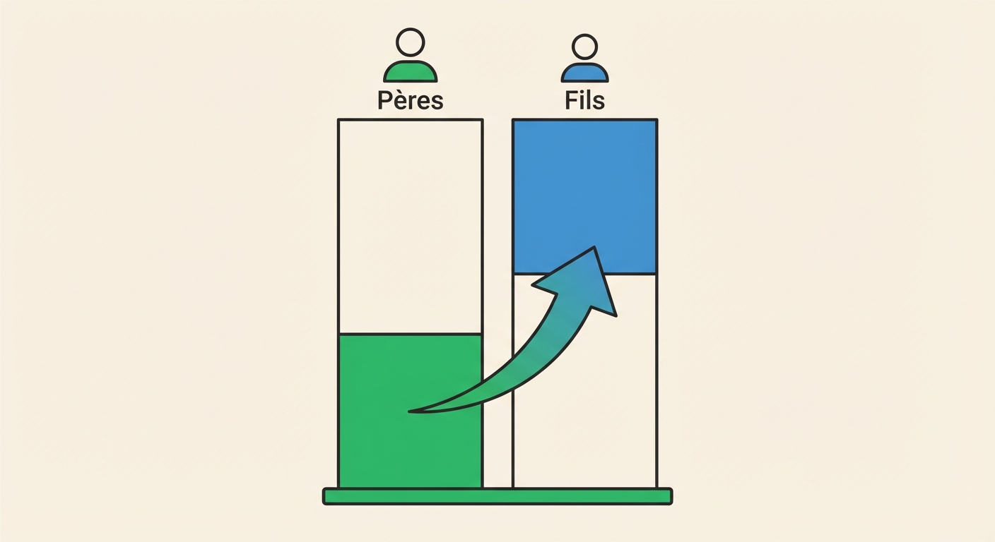 Graphique simplifié à deux colonnes. Colonne 1 'Pères' : grosse base verte (agriculteurs/ouvriers). Colonne 2 'Fils' : grosse tête bleue (cadres/intermédiaires). Une flèche montre le passage forcé du vert vers le bleu.