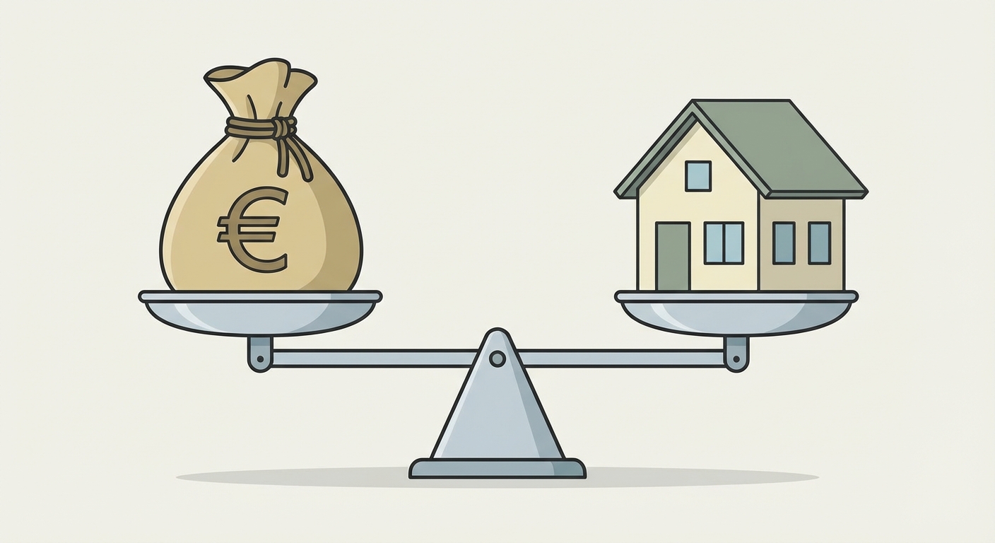 Schéma simple style balance. Plateau gauche : un sac d'euros (le prêt). Plateau droite : une maison (le collatéral). Les deux sont à l'équilibre.