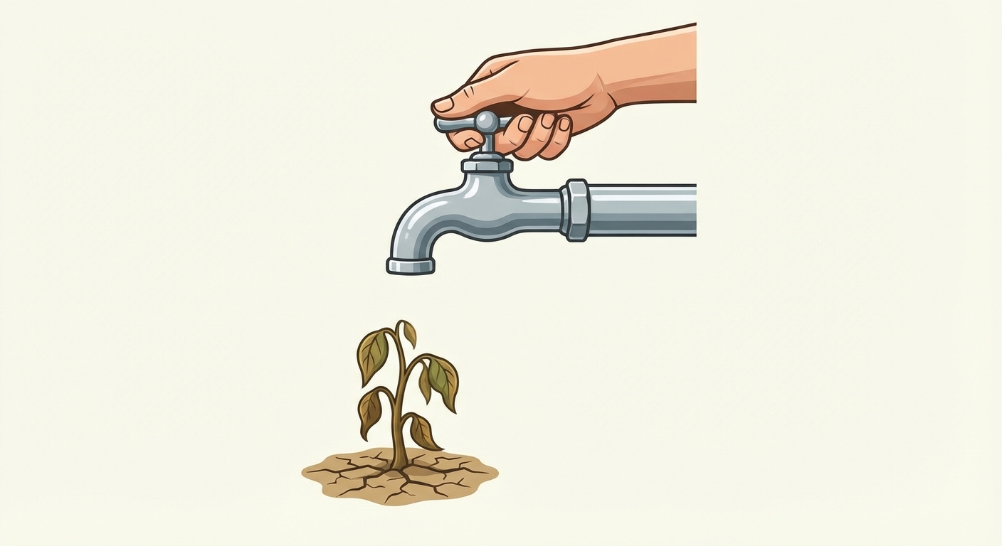 Illustration vectorielle d'un robinet métallique vu de profil. Une main ferme la vanne fermement. Aucune goutte ne sort. En dessous, une jeune pousse de plante se dessèche.
