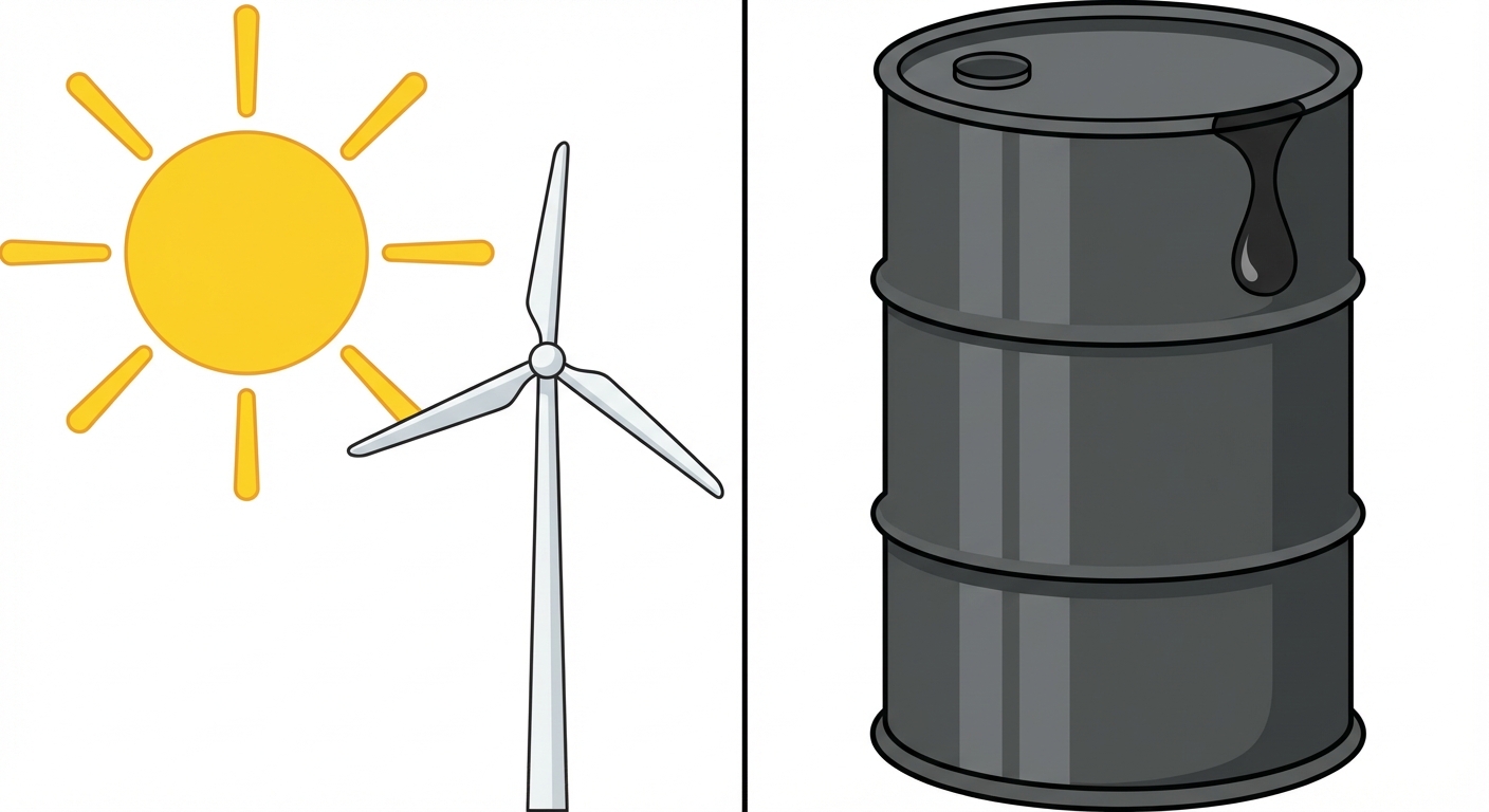 Dessin simple séparé en deux par une ligne verticale noire. A gauche, un grand soleil jaune avec 8 rayons et une éolienne blanche à trois pales. A droite, un gros baril de pétrole gris foncé avec une goutte noire qui coule sur le côté. Fond tout blanc.