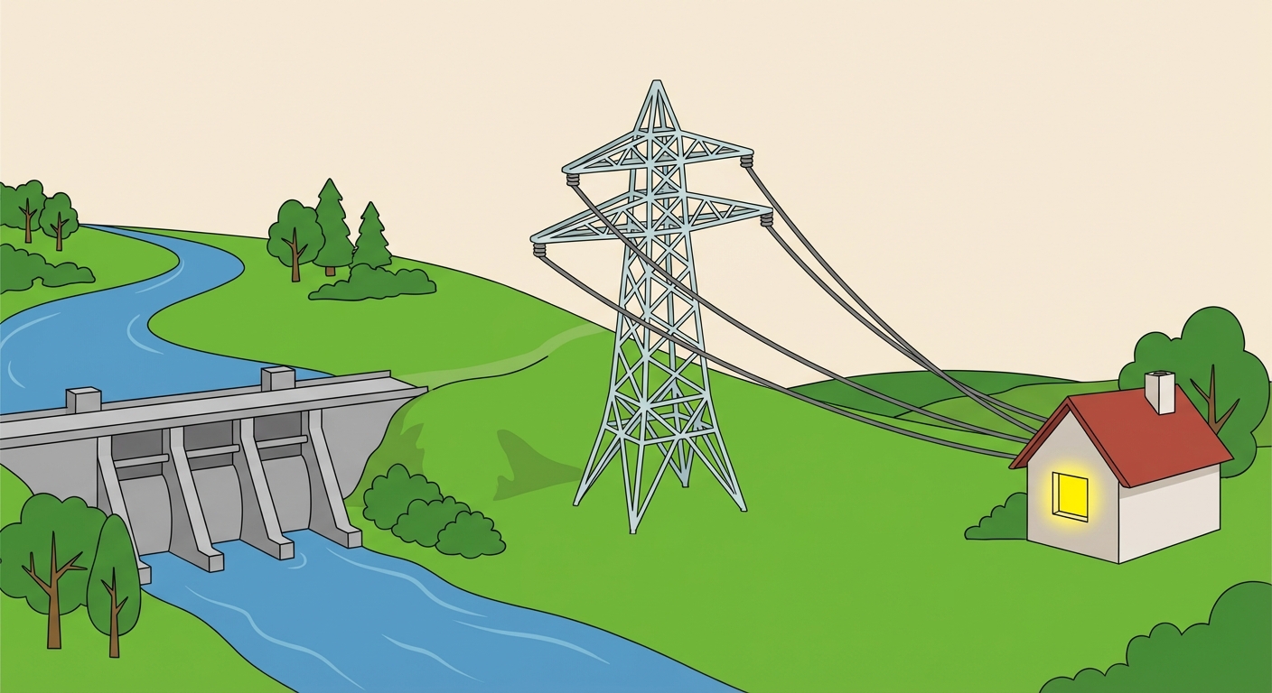Dessin montrant un paysage de campagne vert. A gauche, un barrage gris bloquant une rivière bleue. Au centre, un grand pylône électrique métallique gris clair portant trois longs câbles gris foncés. A droite au bout des câbles, une petite maison aux murs blancs avec une lumière jaune brillante visible par la fenêtre.