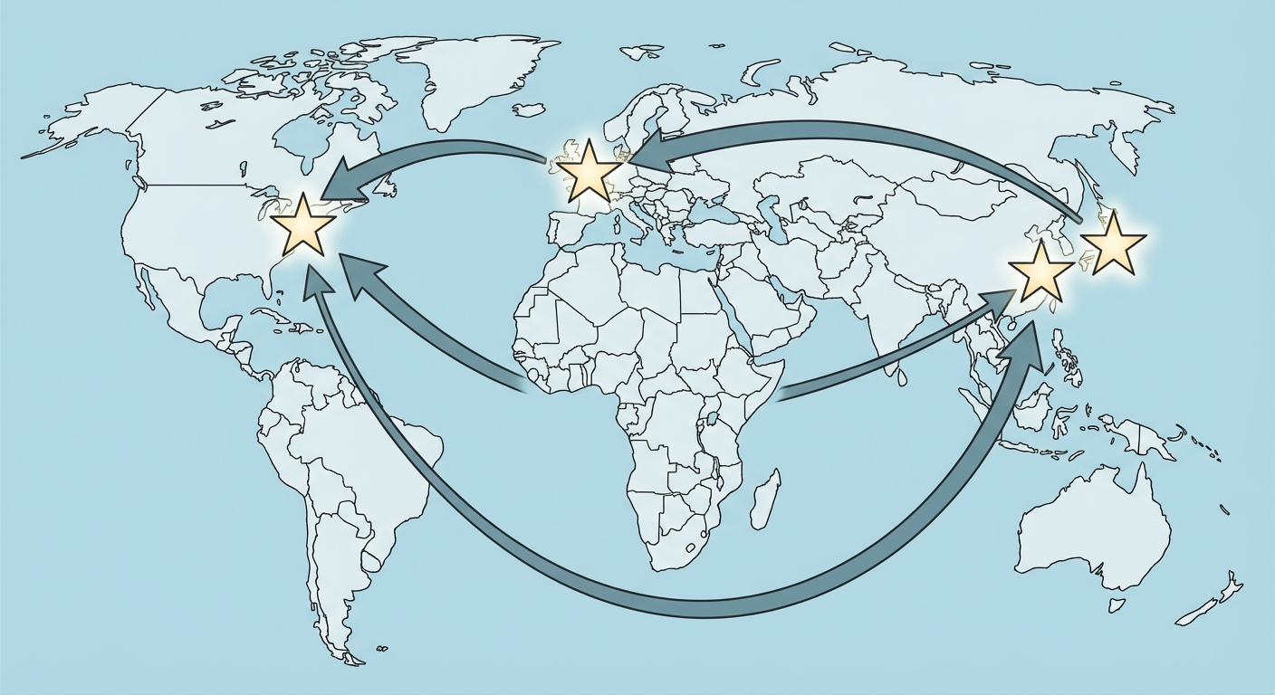 Une carte du monde schématisée sur fond bleu clair. Des grandes étoiles lumineuses marquent les principales places financières à New York, Londres, Tokyo et Shanghai. Des flèches courbées et épaisses relient ces pôles entre eux pour montrer la circulation des flux.
