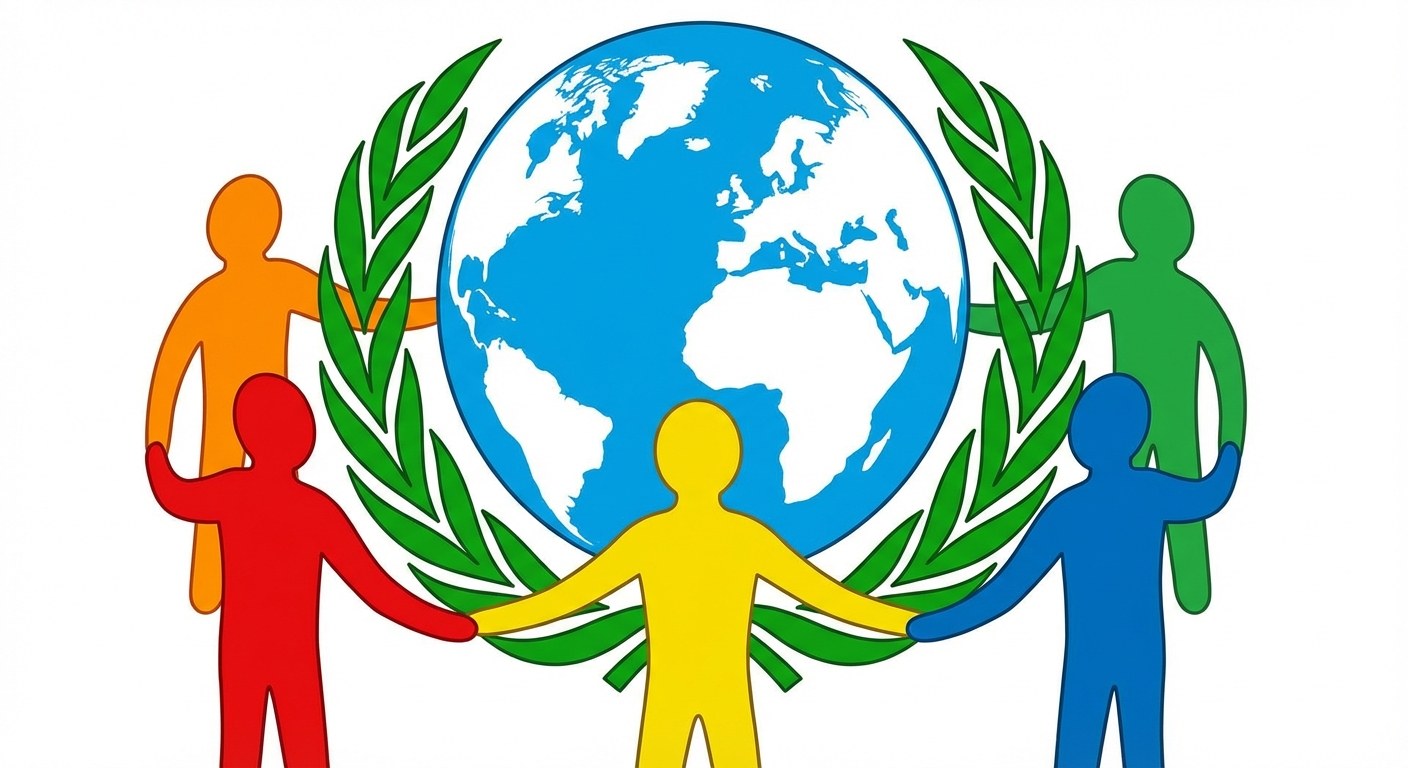 Dessin simple vue de face : un grand globe terrestre bleu et blanc au centre, entouré de deux branches d'olivier vertes. Autour de ce globe, 5 personnages de différentes couleurs vives en forme de silhouette se tiennent la main. Le fond est totalement blanc, sans aucun texte.